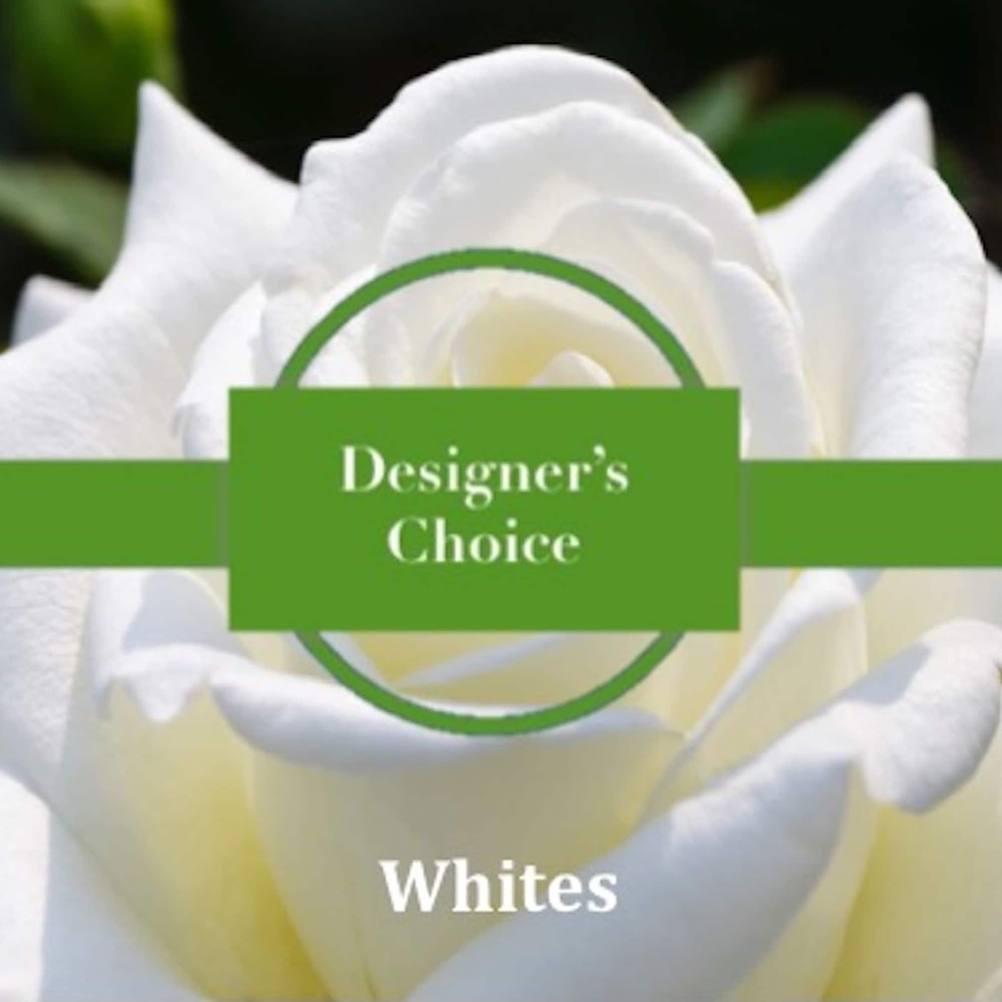 Close-up of a white rose with a green banner labeled Designer's Choice Whites.
