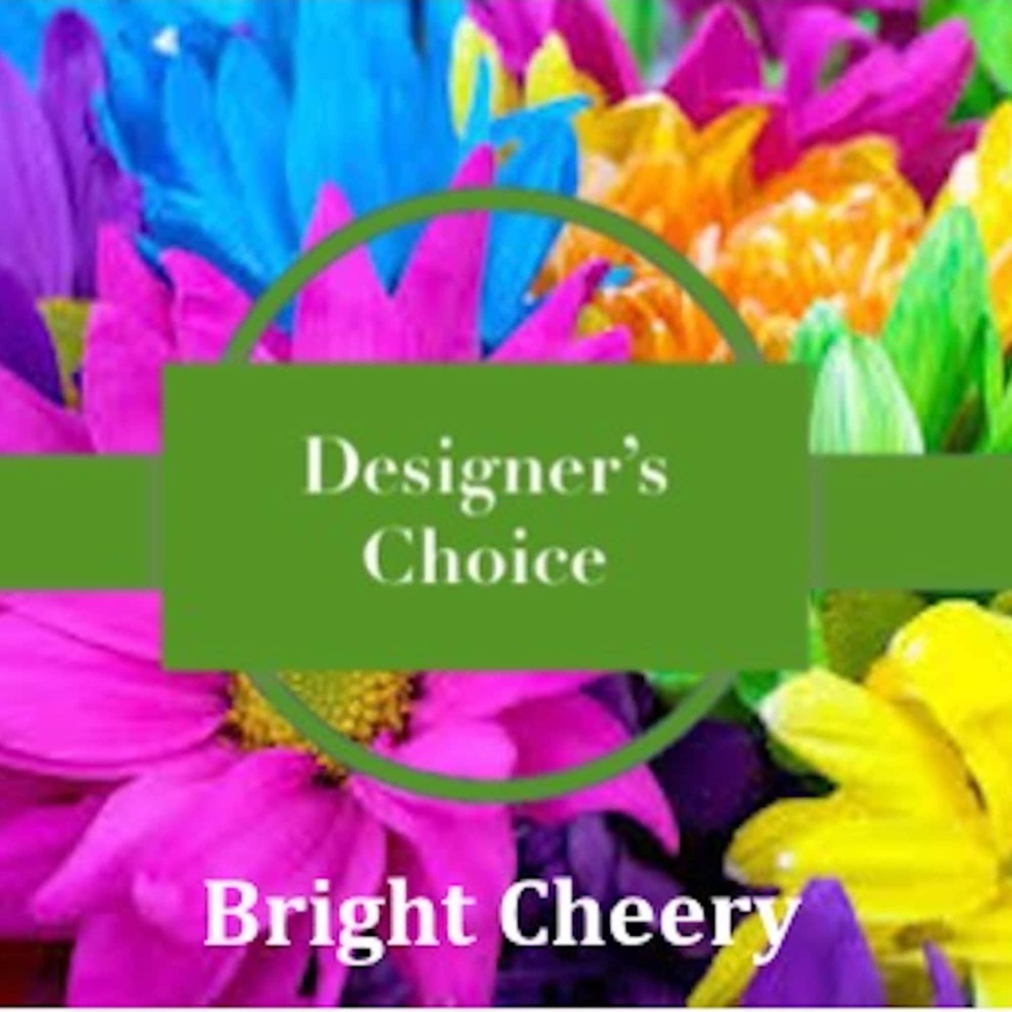 Bright mixed-color daisy-style flowers in vivid pink, yellow, blue, and green tones