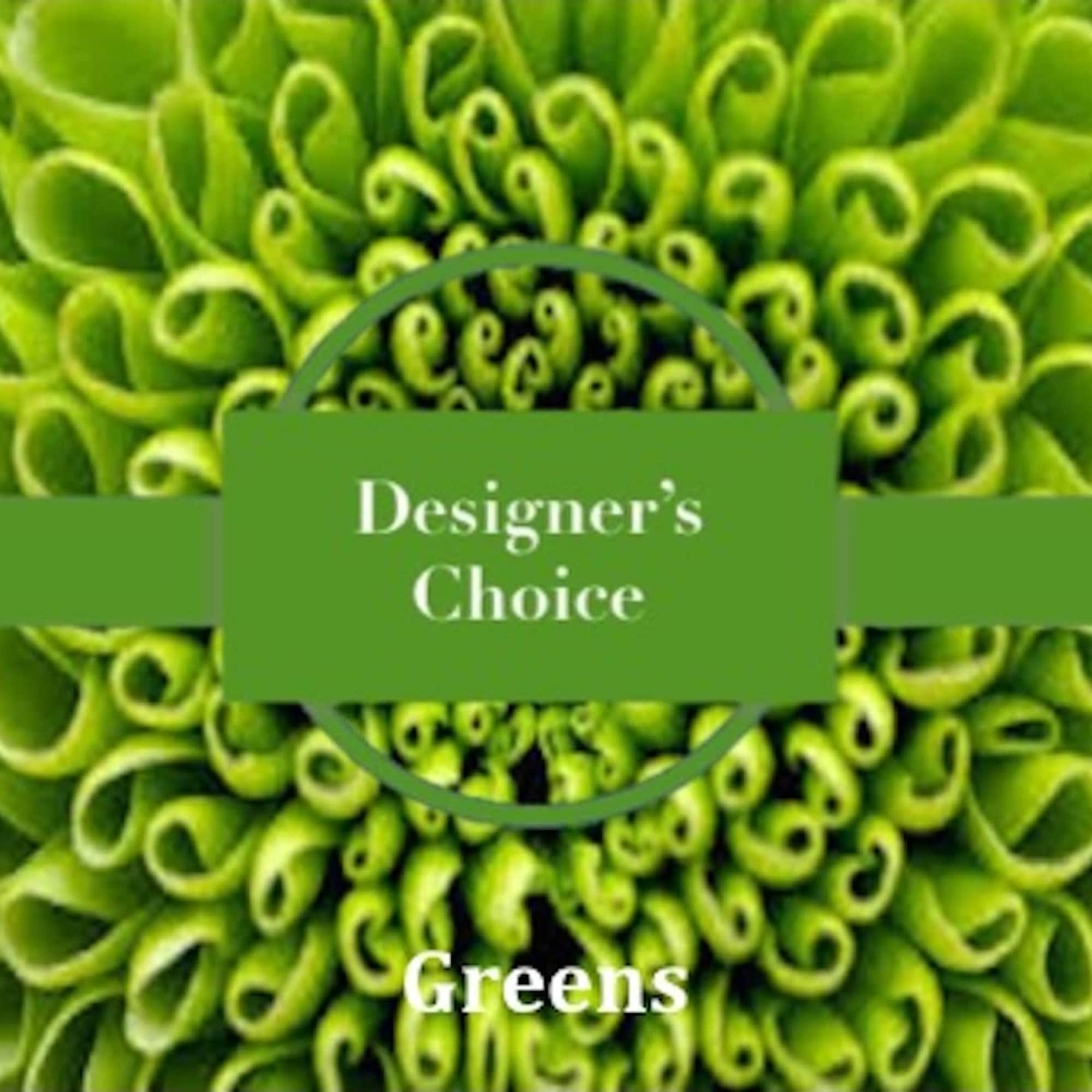 Close-up of a bright green flower with text reading Designer's Choice Greens