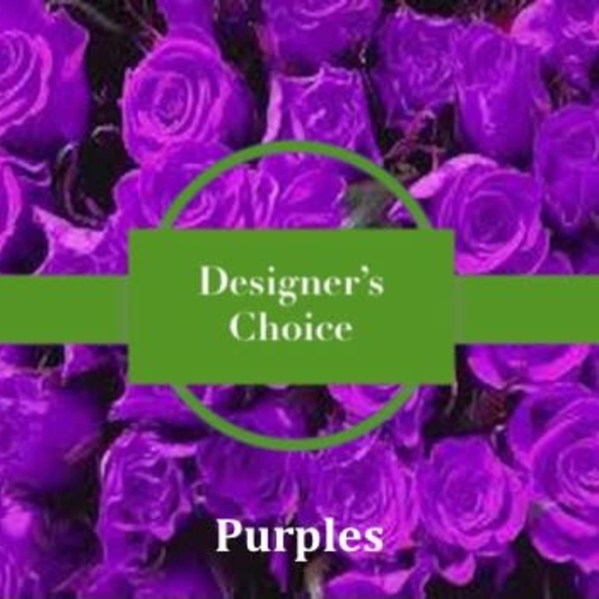 Graphic of vivid purple roses with a green banner reading Designer’s Choice Purples