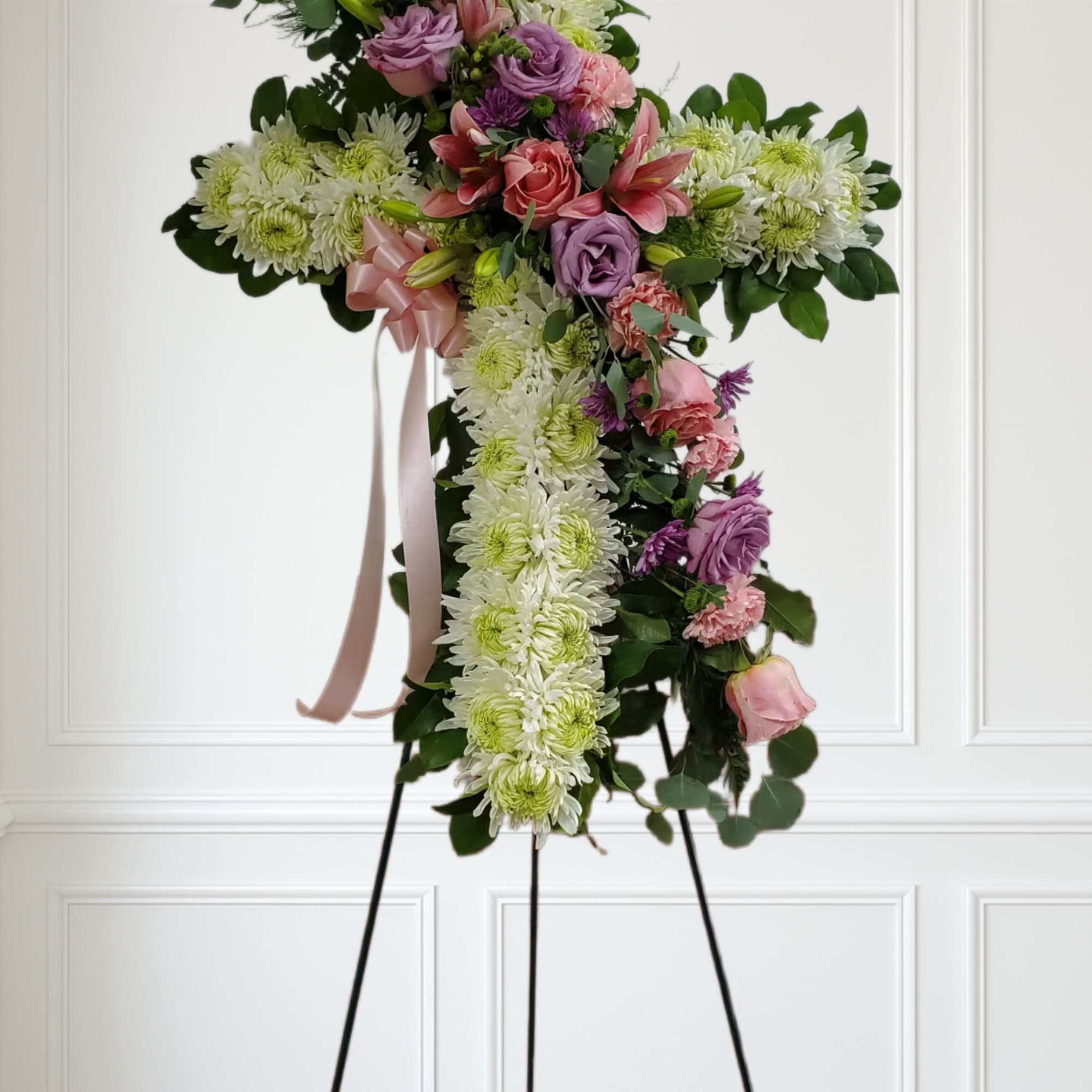 White cross with soft color flowers pinks and purples., photo 2 of 2