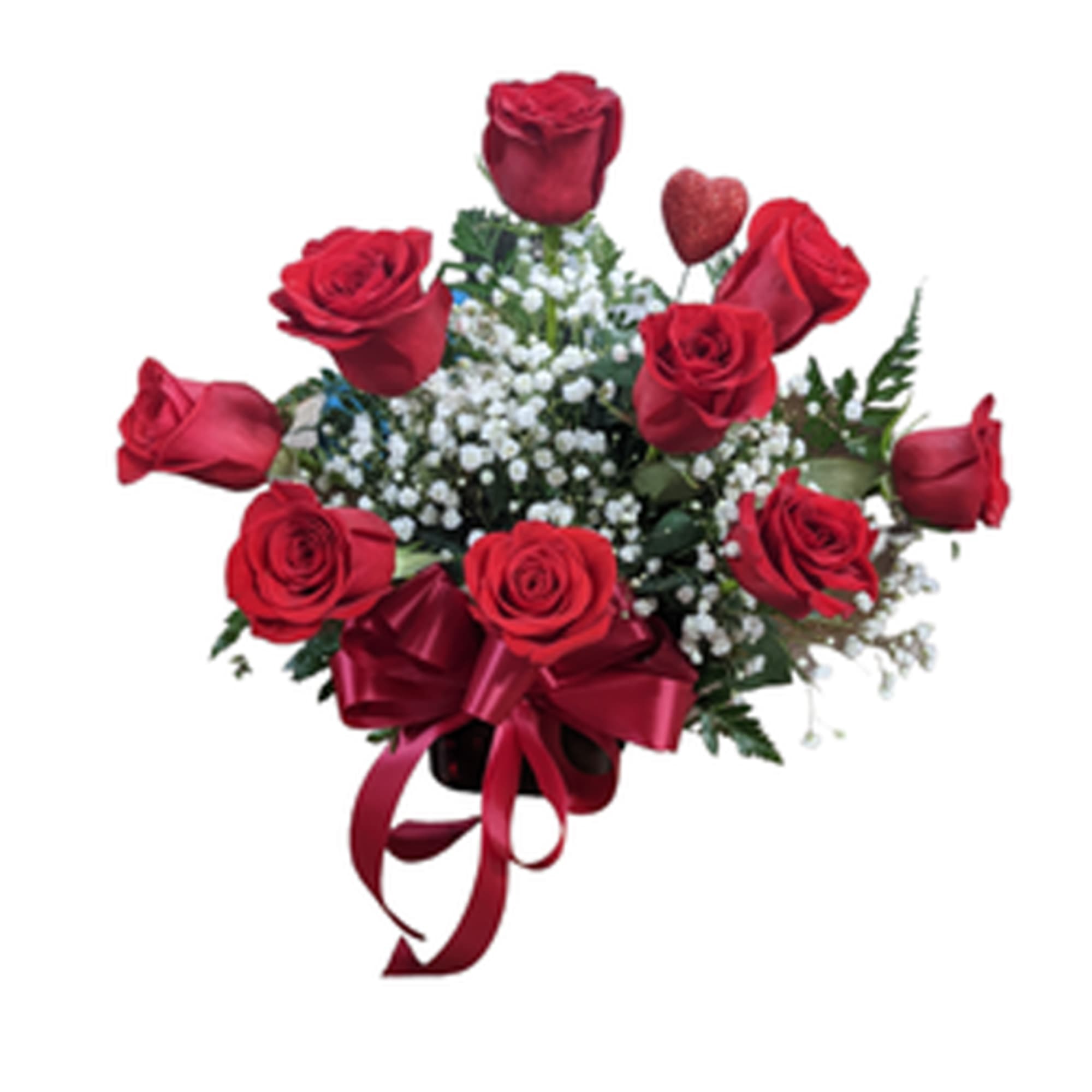 Bouquet of red roses with baby's breath and a burgundy ribbon