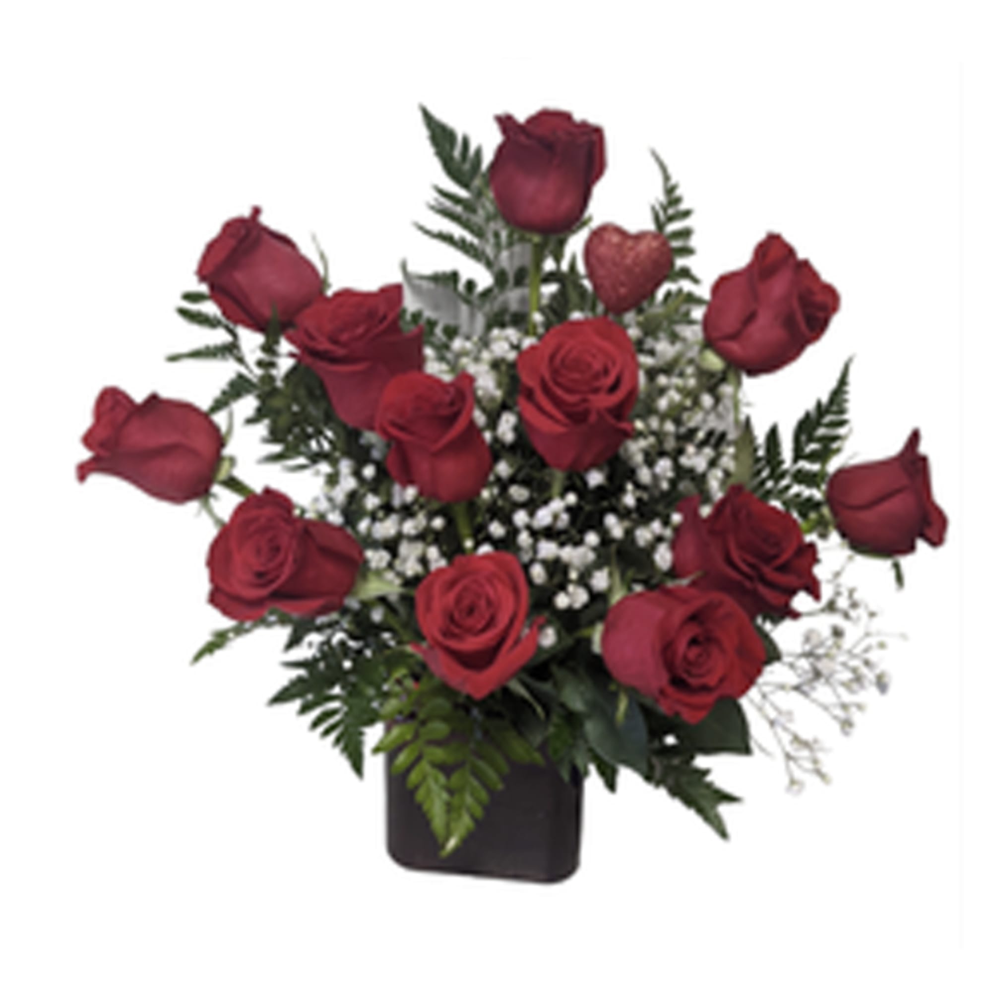 Red roses arranged in a black vase with baby's breath