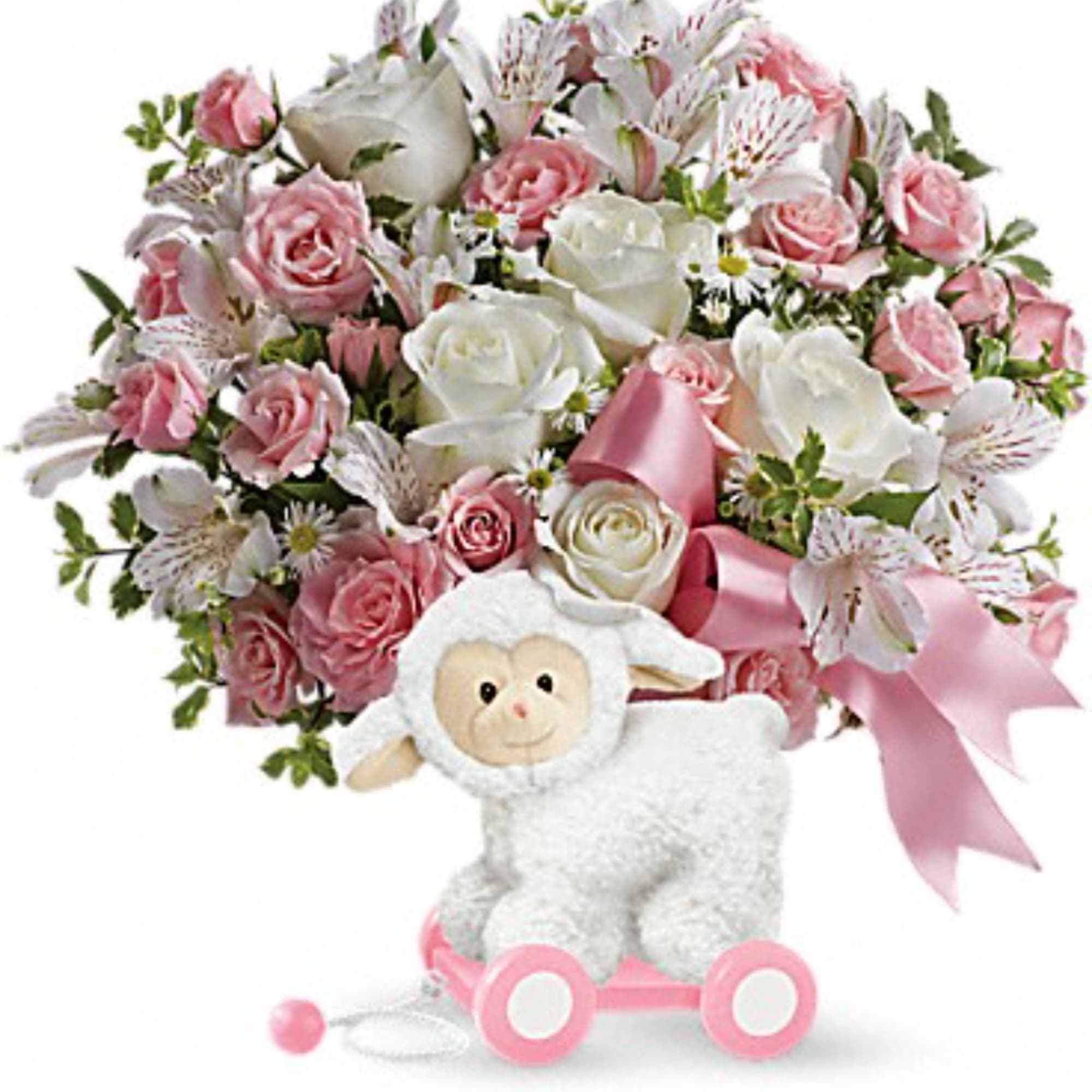 Pink and white rose bouquet with a plush lamb and pink ribbon