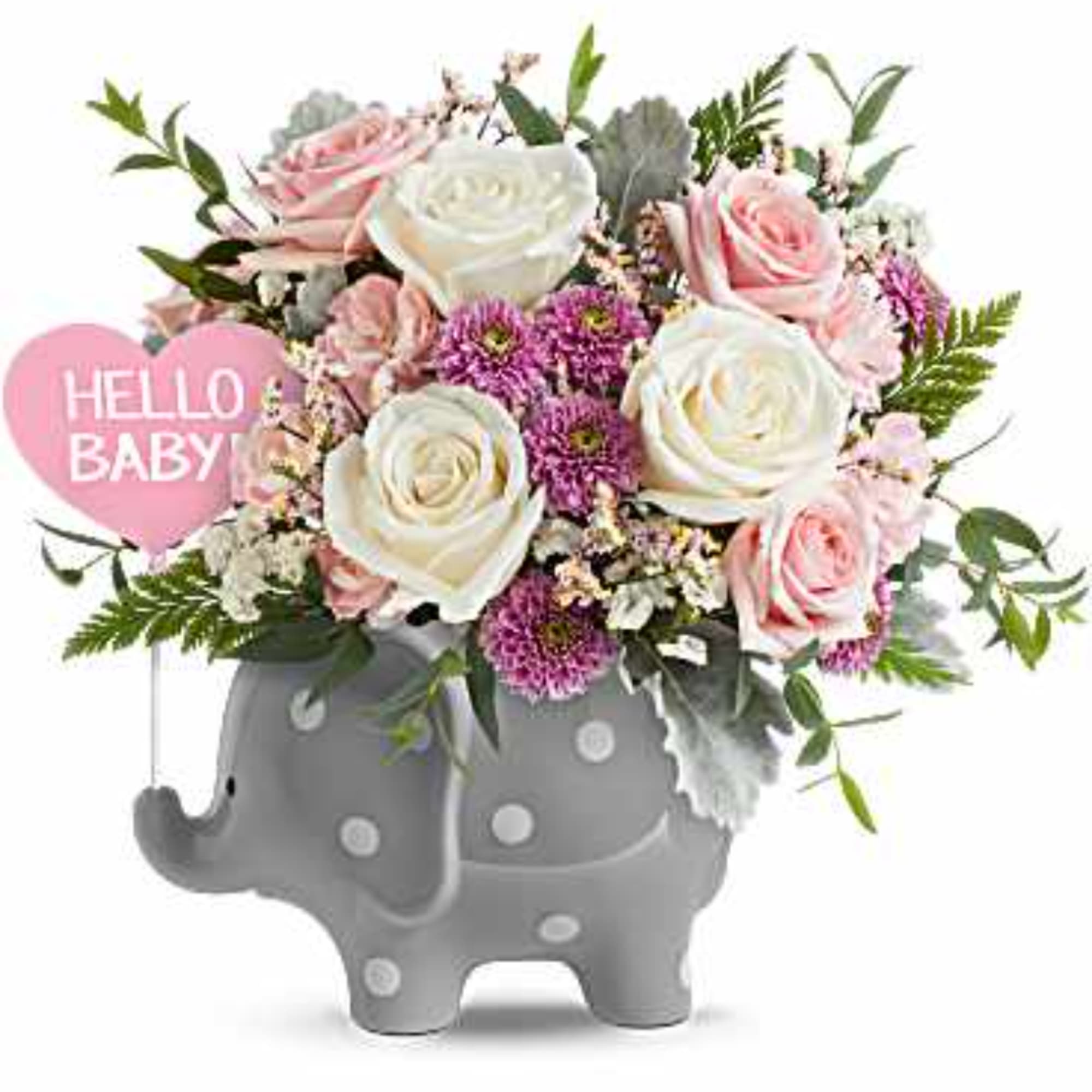 Pink and white rose bouquet in a gray elephant container with a "Hello Baby" sign
