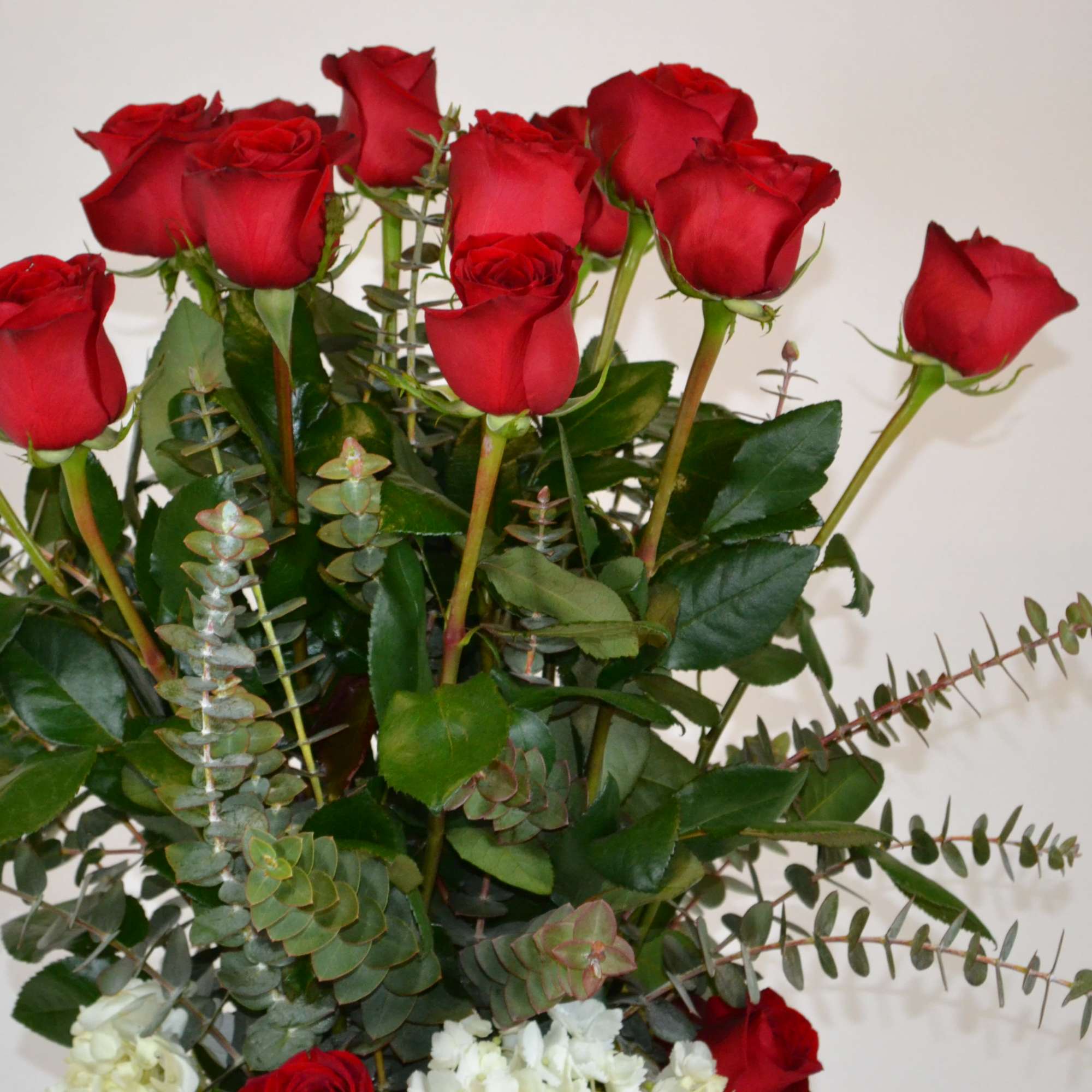 Long stem red rose, white hyndrengeas with eucalyptus., photo 2 of 2