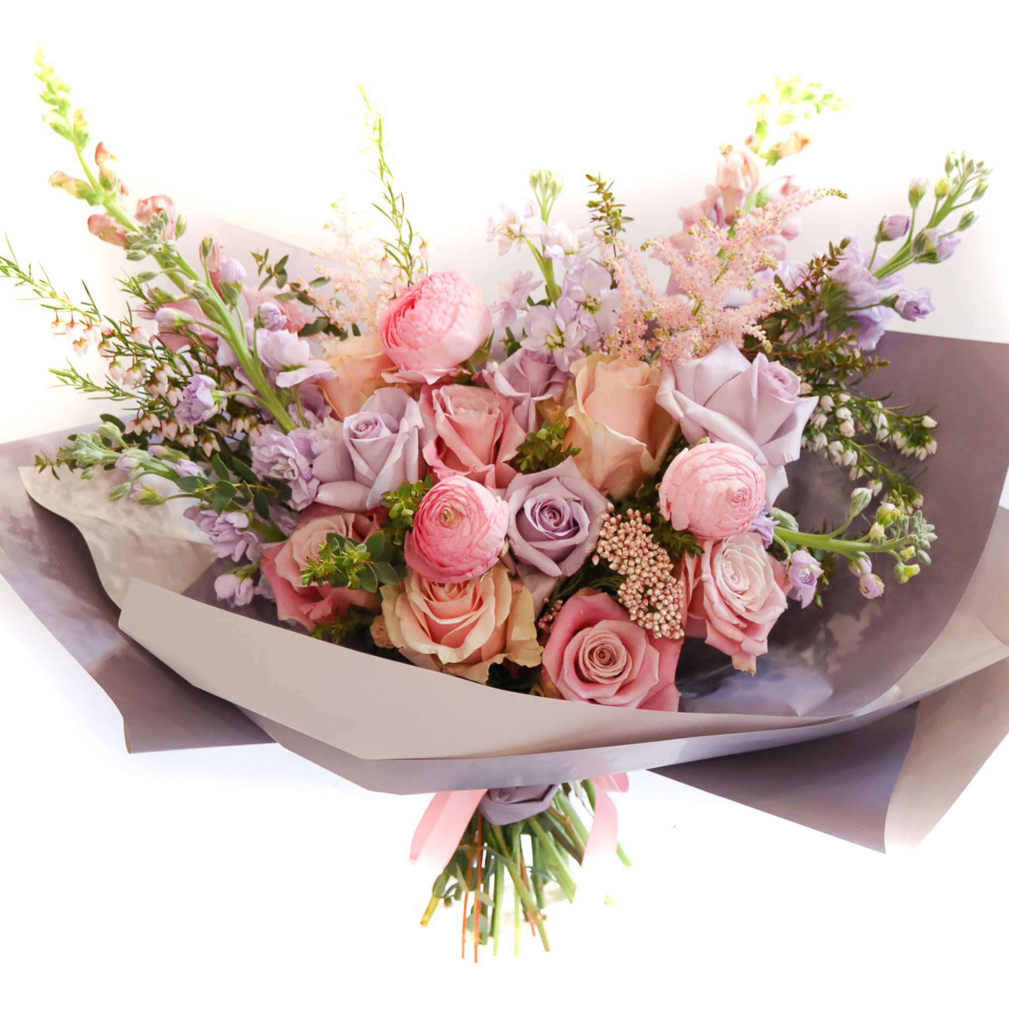 Bouquet of pink and lavender roses with pastel filler flowers, photo 2 of 4