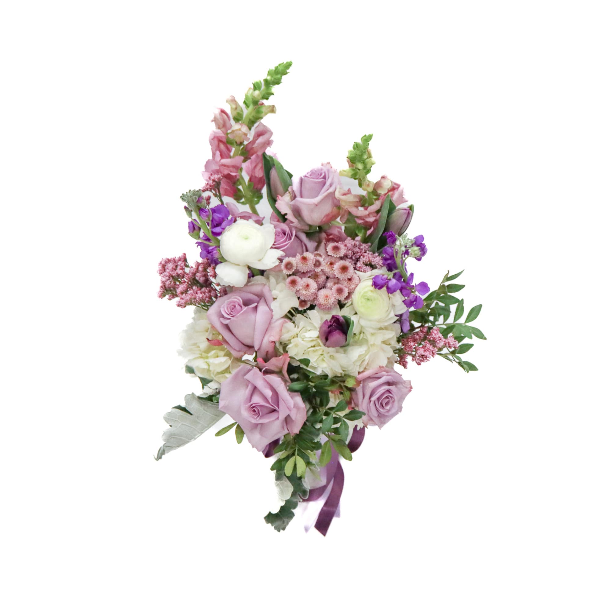 Lavender and pink bouquet with roses and mixed blooms