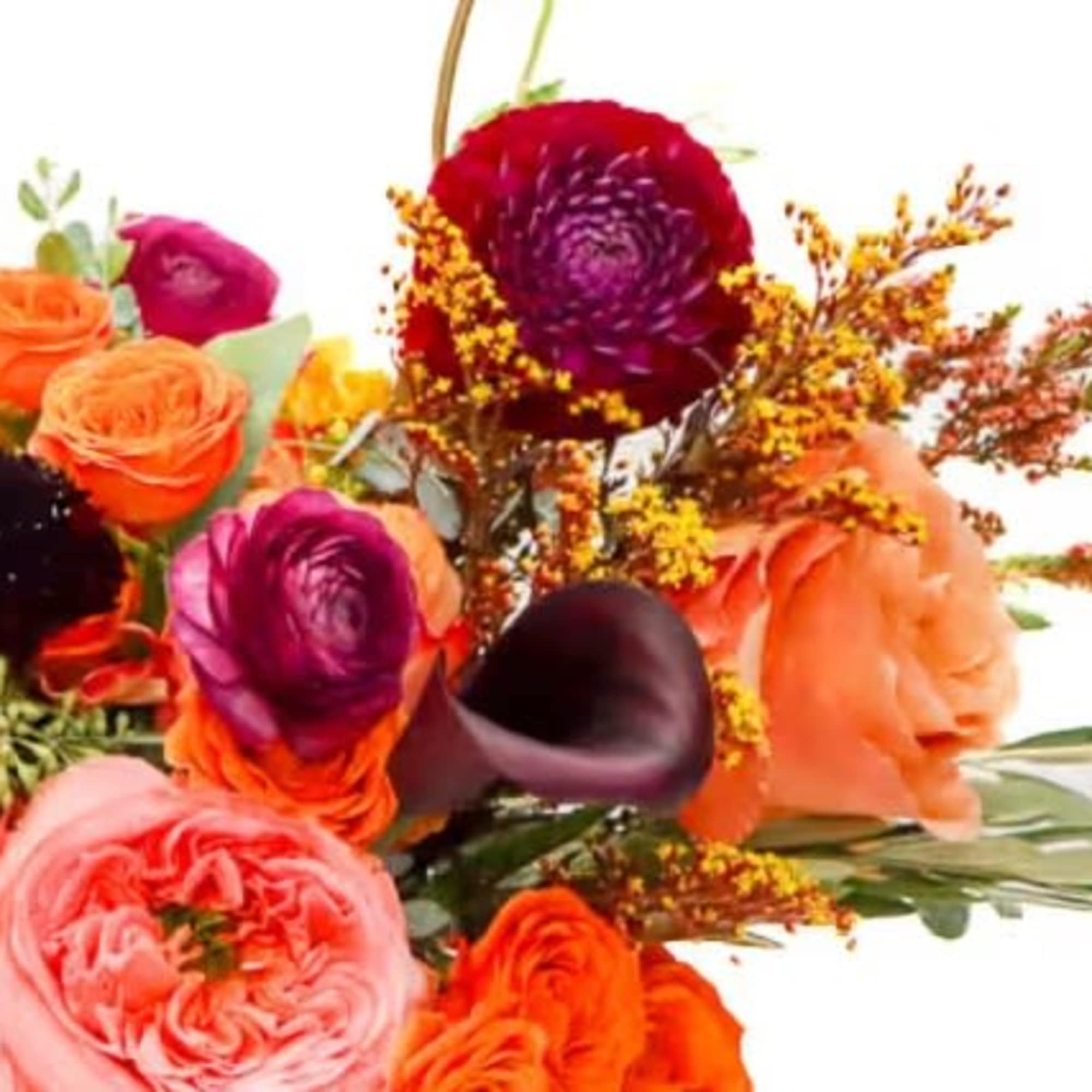 Mixed bouquet with orange, pink, purple, and black flowers