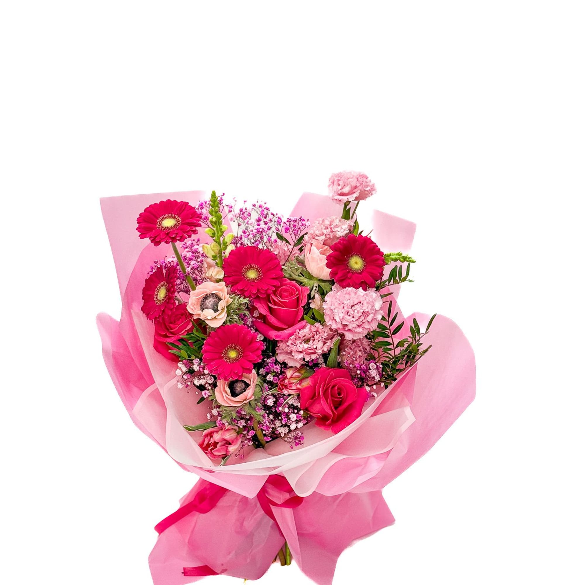 Pink bouquet with roses, gerbera daisies, and carnations wrapped in pink paper, photo 2 of 4