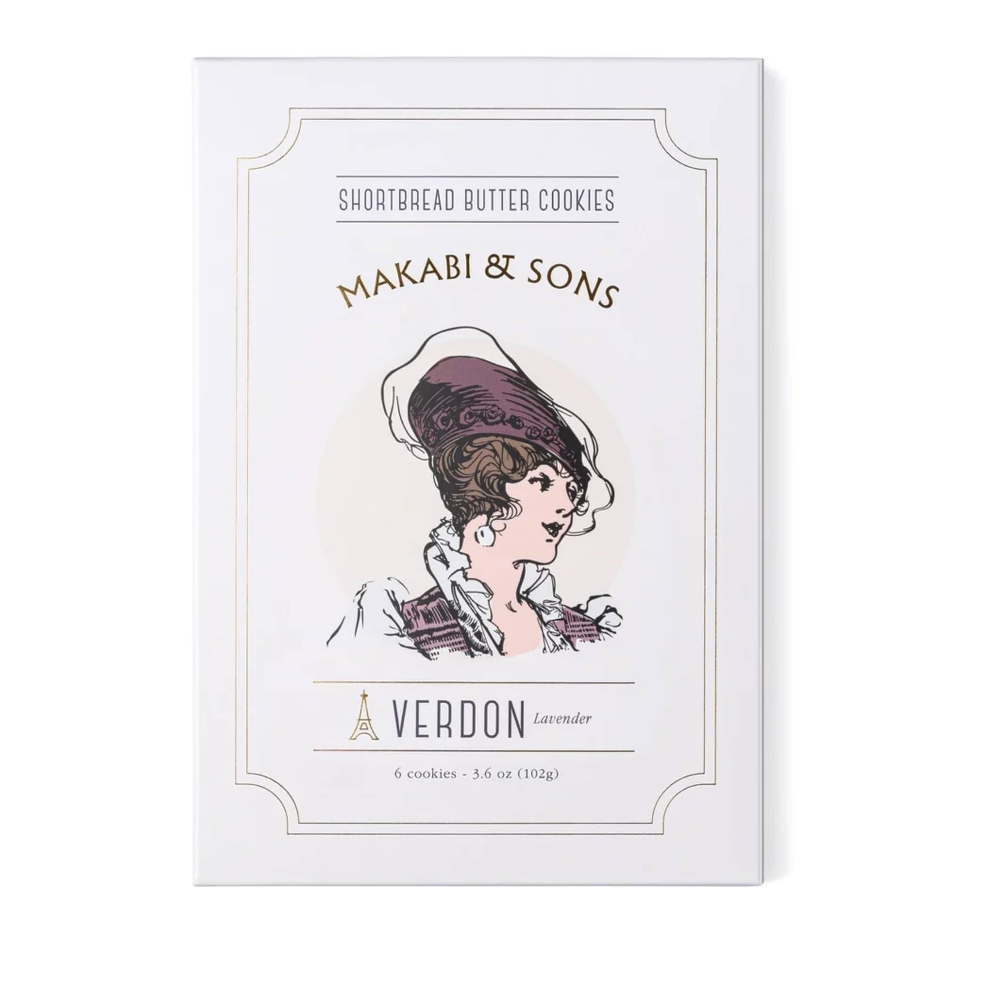 Box of lavender shortbread butter cookies with a vintage-style illustration