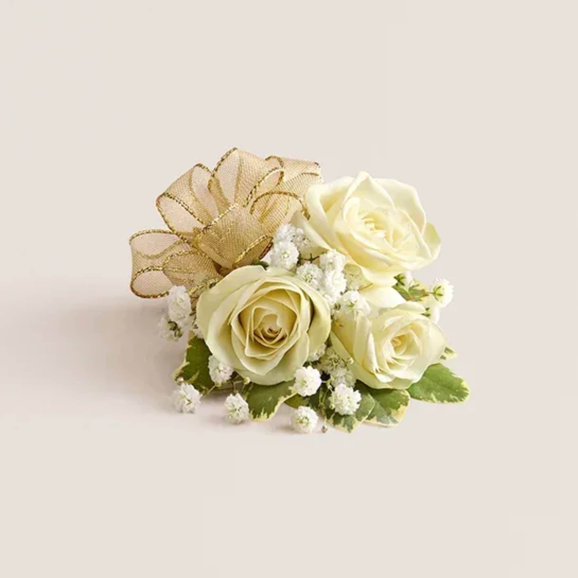 Small cream rose arrangement with gold ribbon and white filler flowers