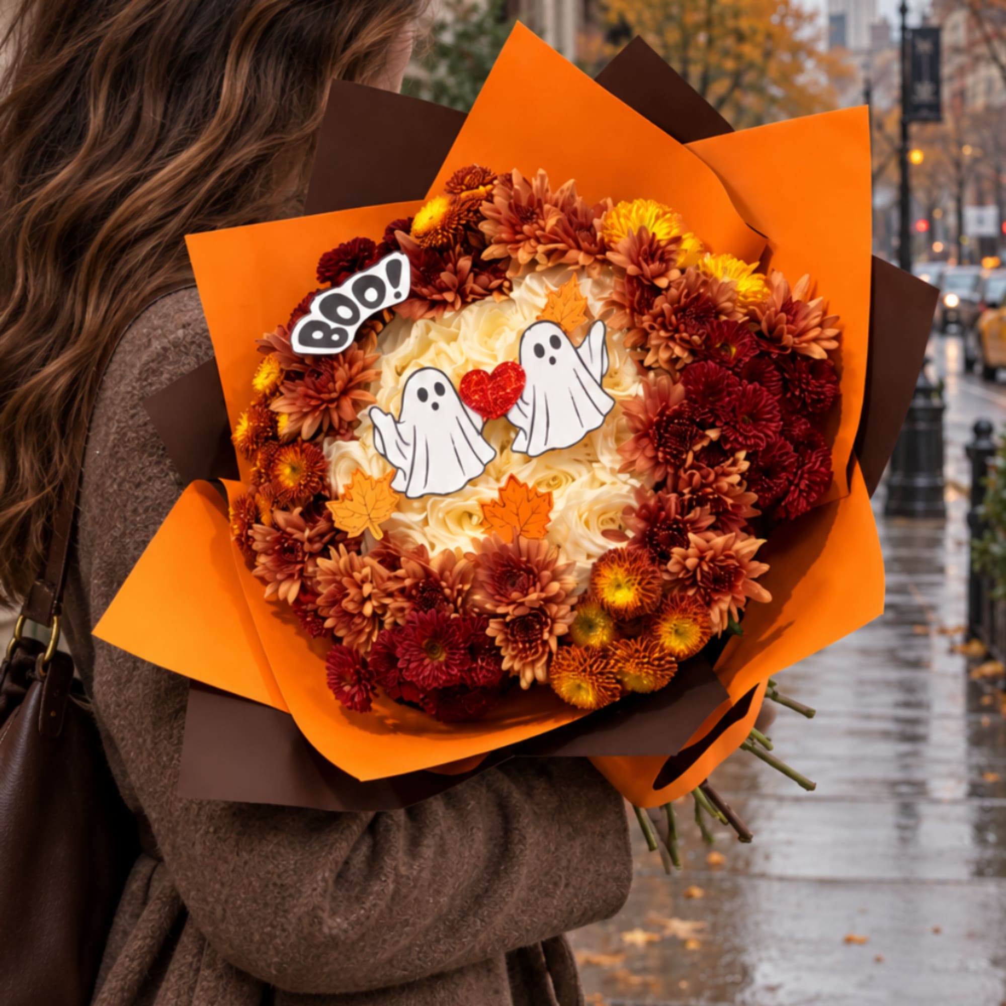 Halloween bouquet with chrysanthemums and ghost decorations in orange wrap