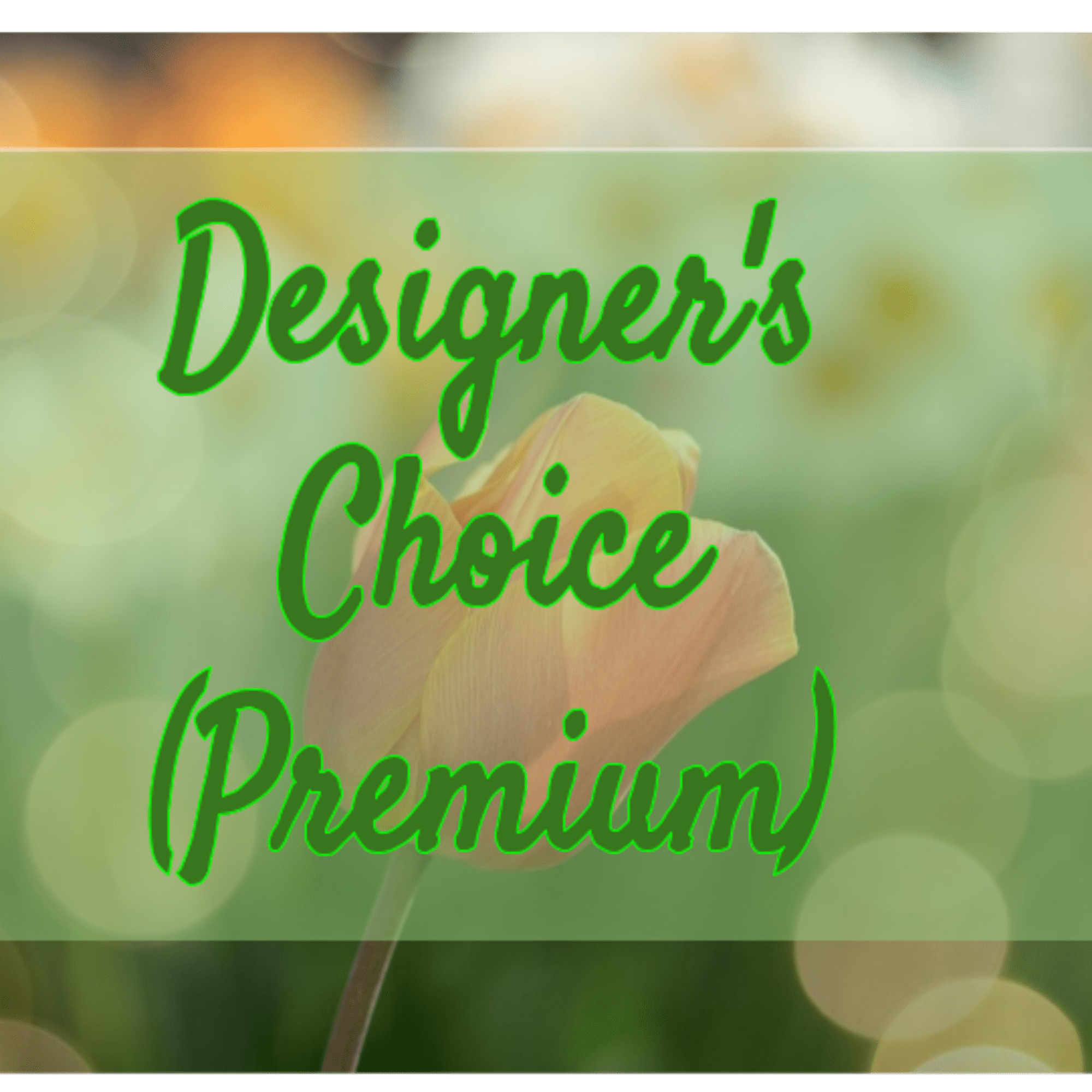 Green text reading "Designer's Choice (Premium)" over a blurred flower background