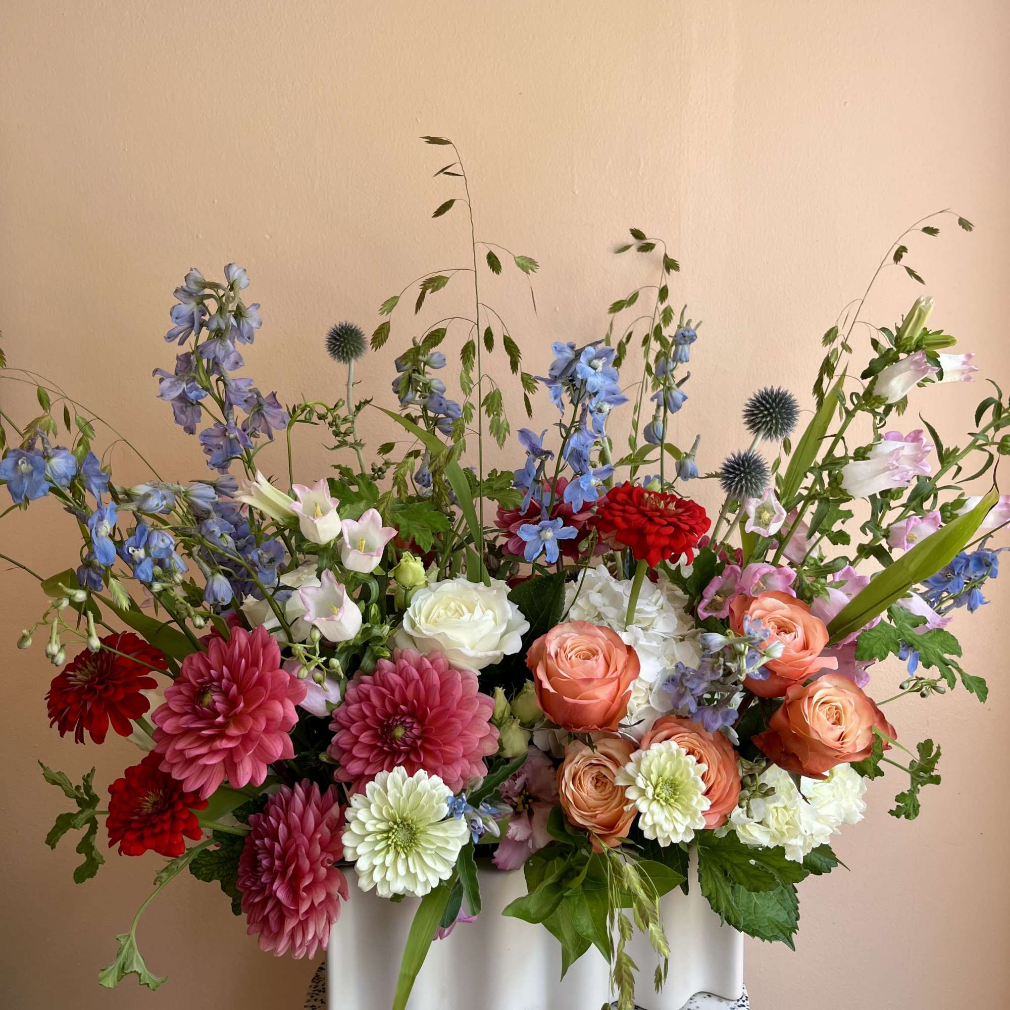 A long, low, and lush arrangement.  A true statement piece for