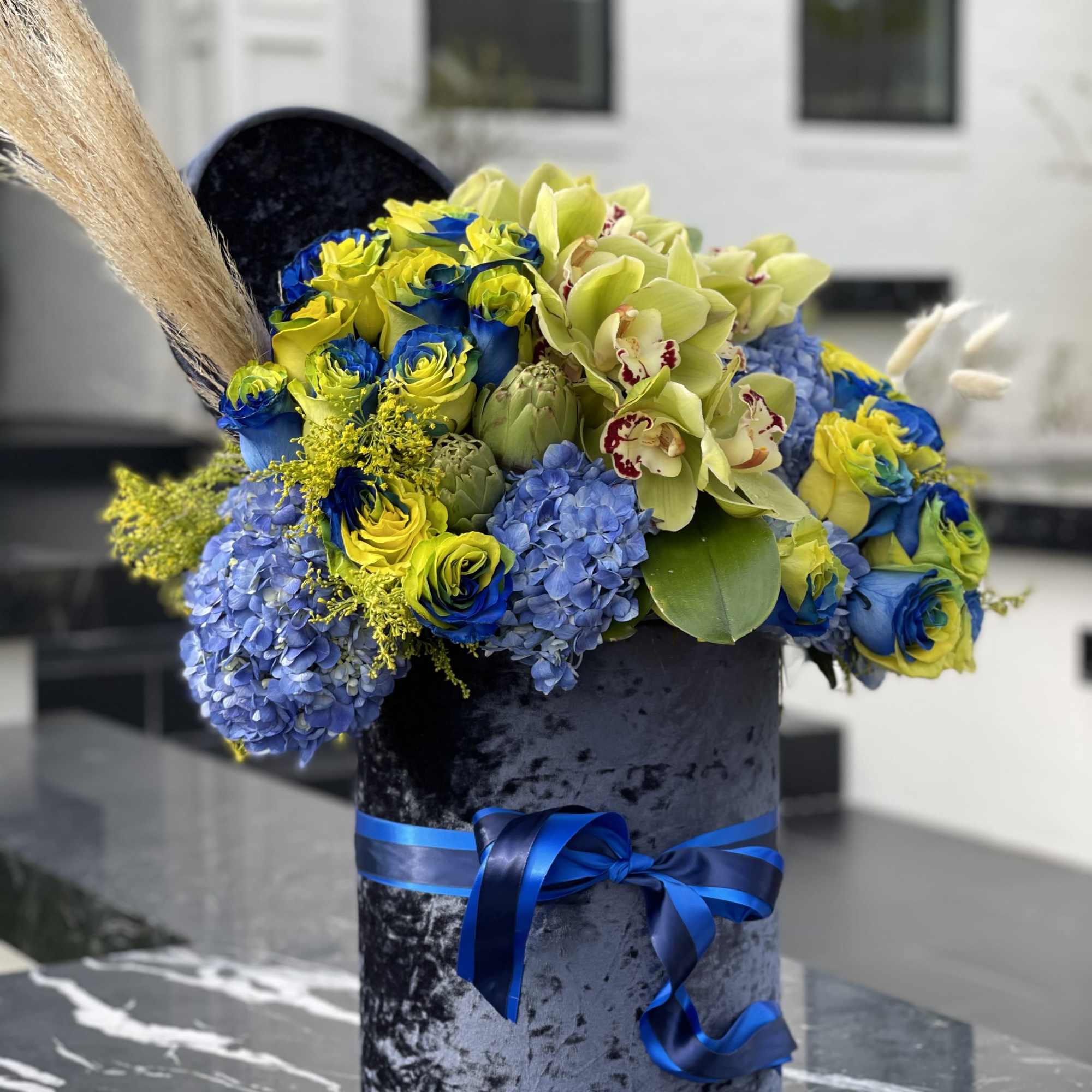 Green and  Blue flowers in a box, photo 2 of 2