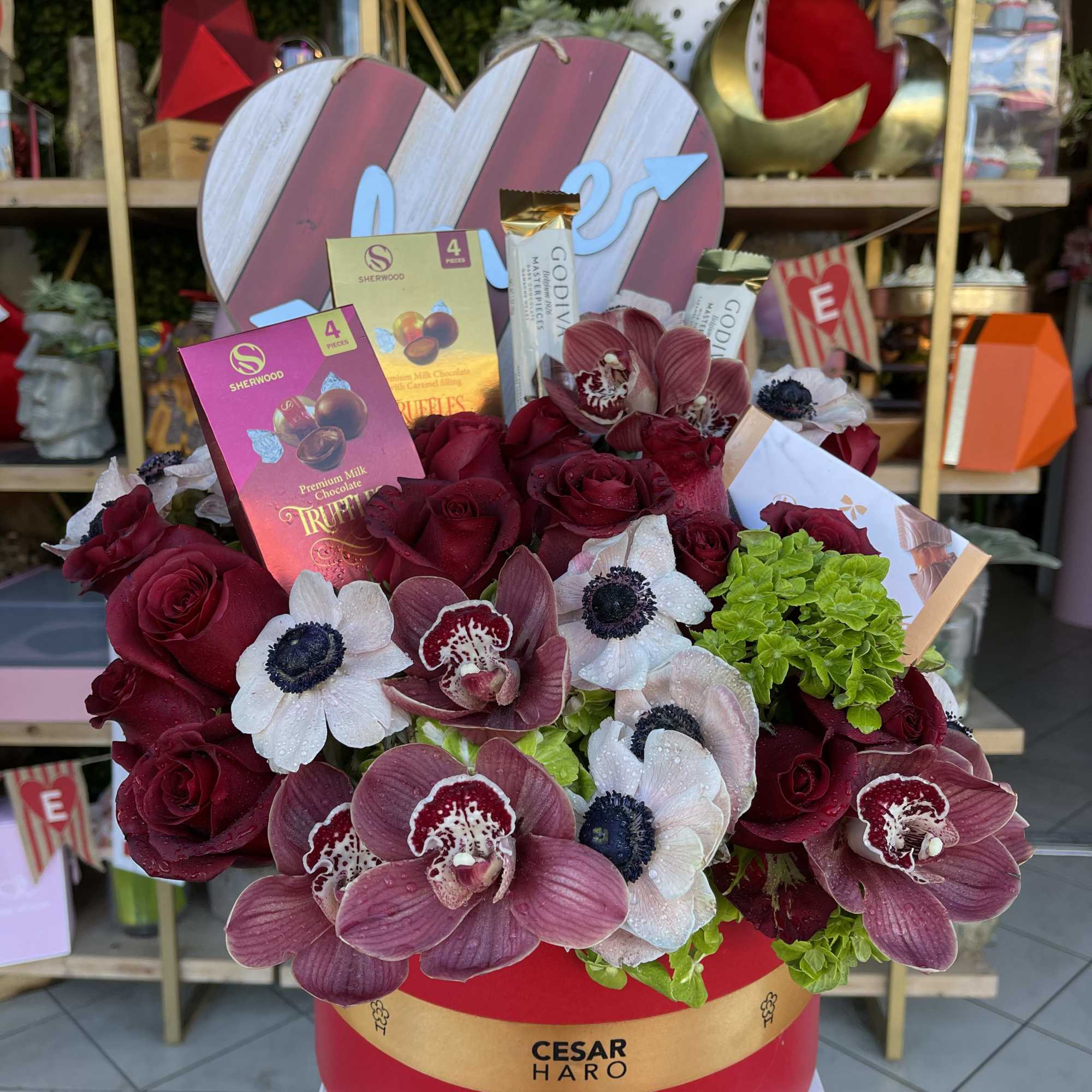 Anemones Roses Hydrangeas Cymbidium Orchids and Chocolates 