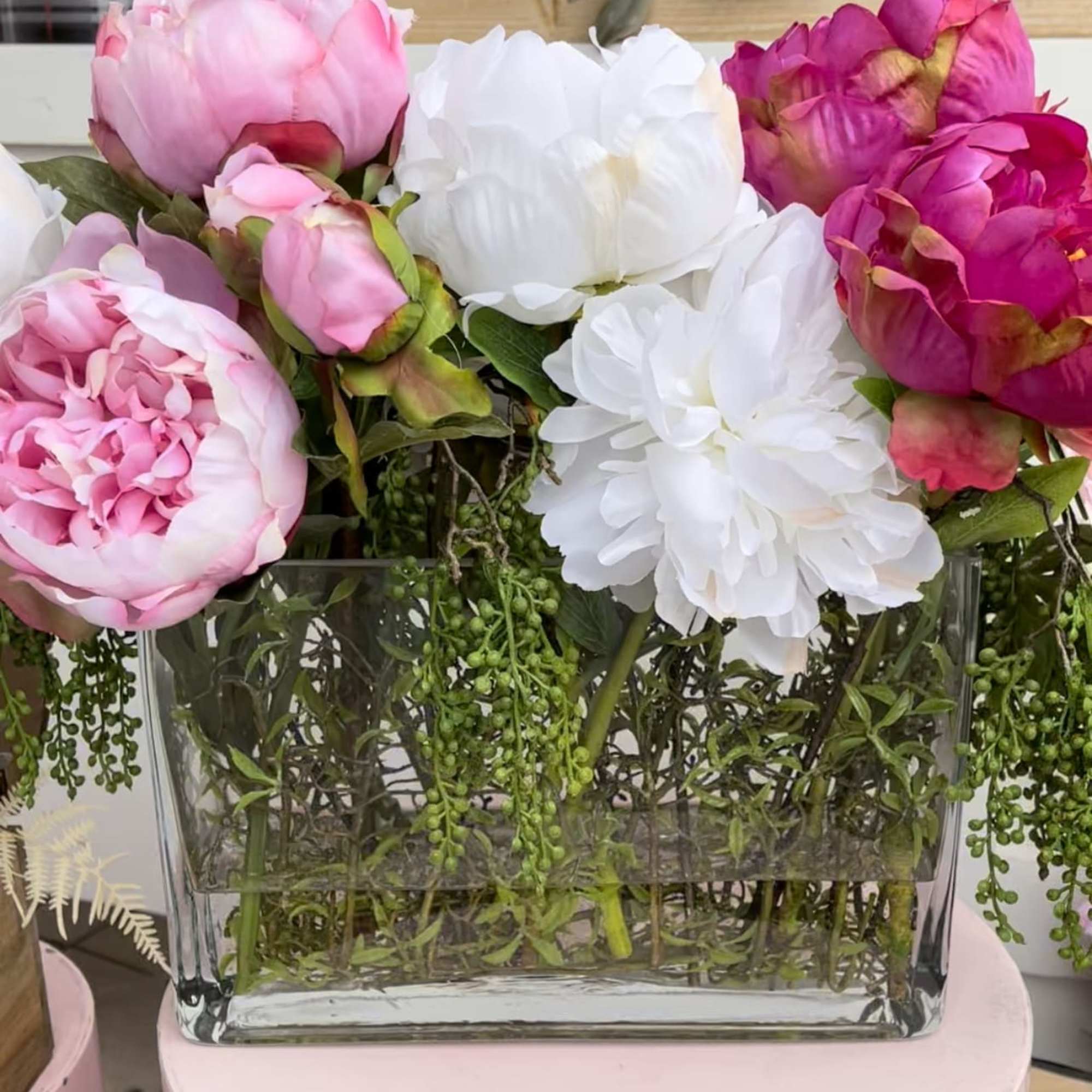 Great quality artificial peonies in a nice rectangular clear vase with water, photo 2 of 2