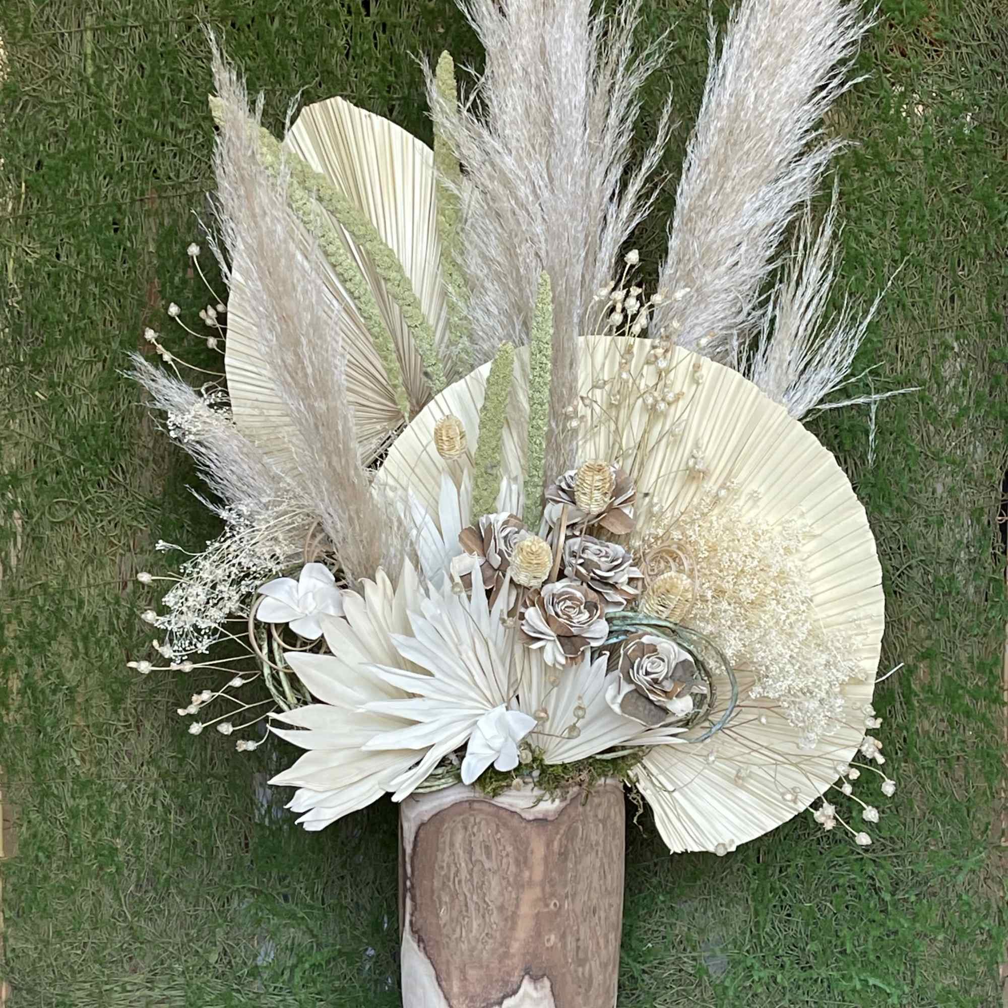 Wood Container beautifully designed with Dried Palm Leaves, Pampas Grass, and other