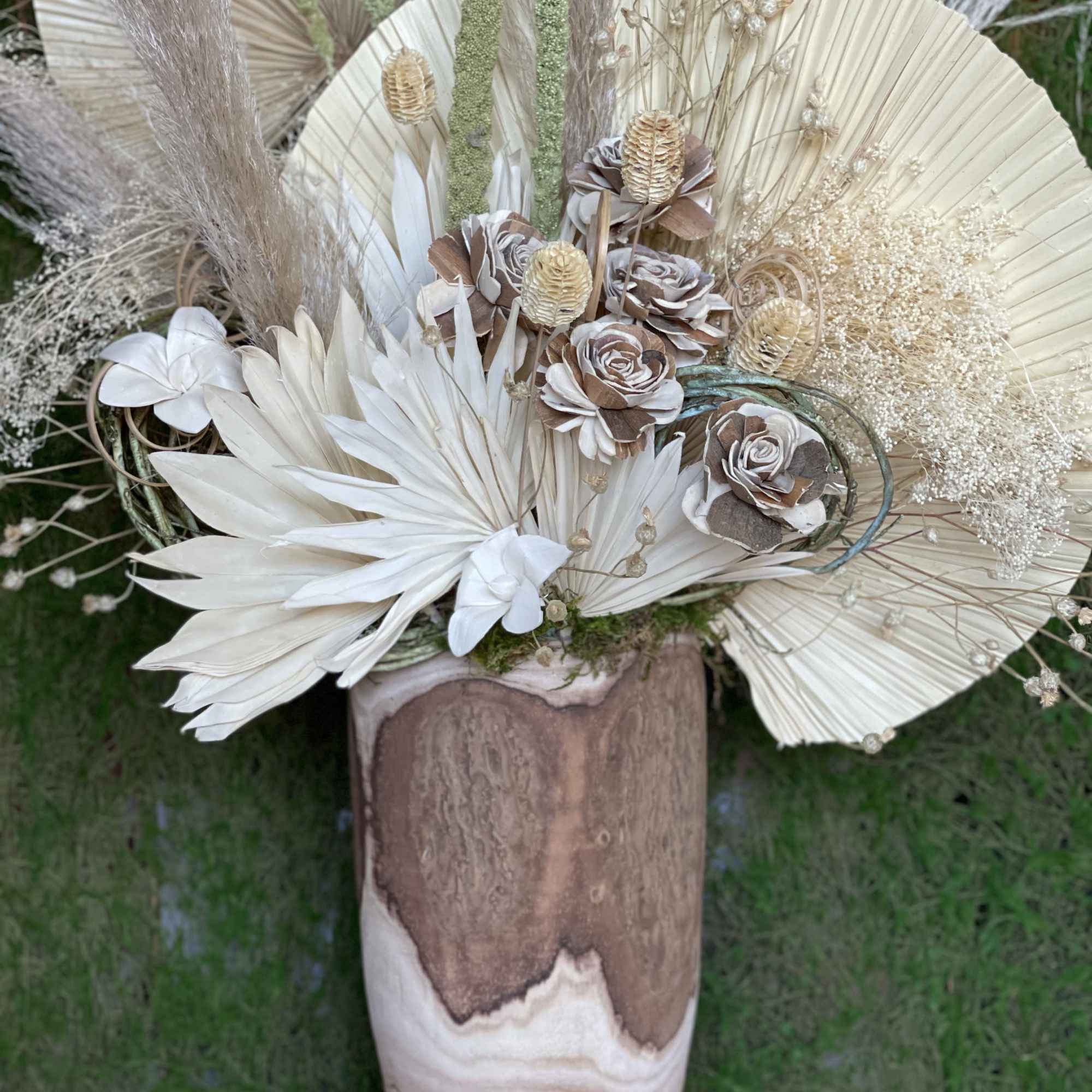 Wood Container beautifully designed with Dried Palm Leaves, Pampas Grass, and other, photo 2 of 3