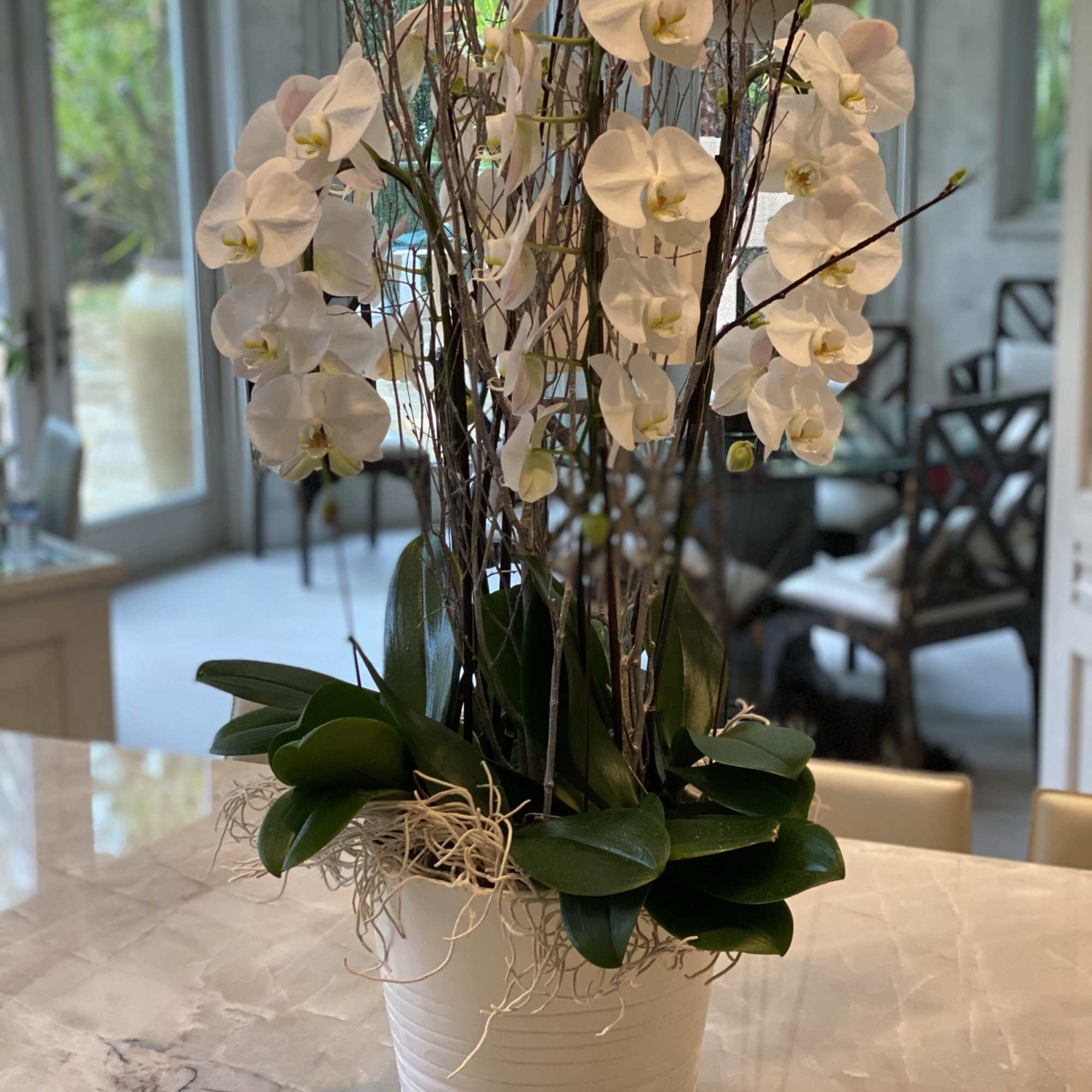 Ceramic white vase with pure nicely arranged orchids , photo 2 of 2