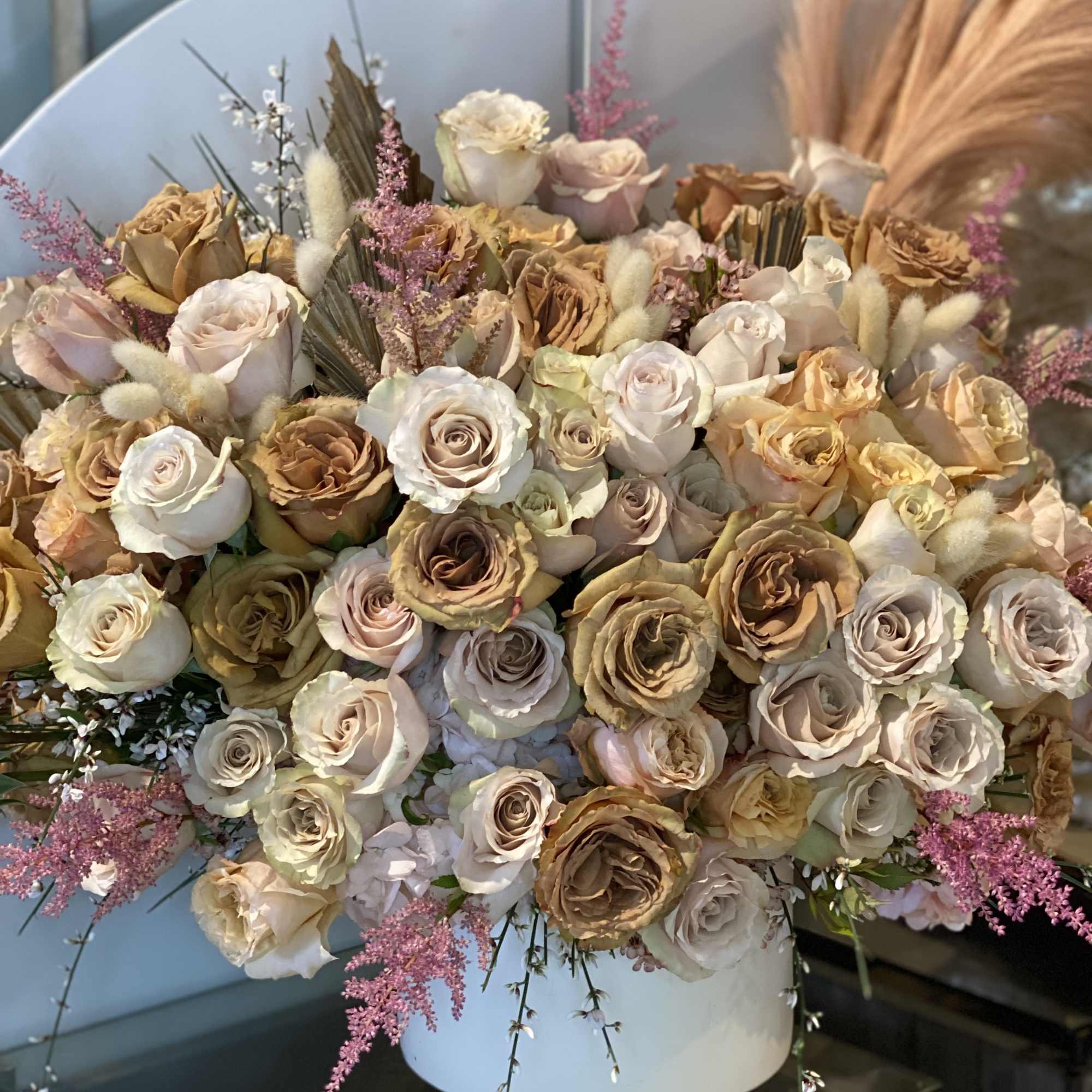 Caramel/toffee, cream &amp; blush roses with touches of pink. , photo 2 of 3