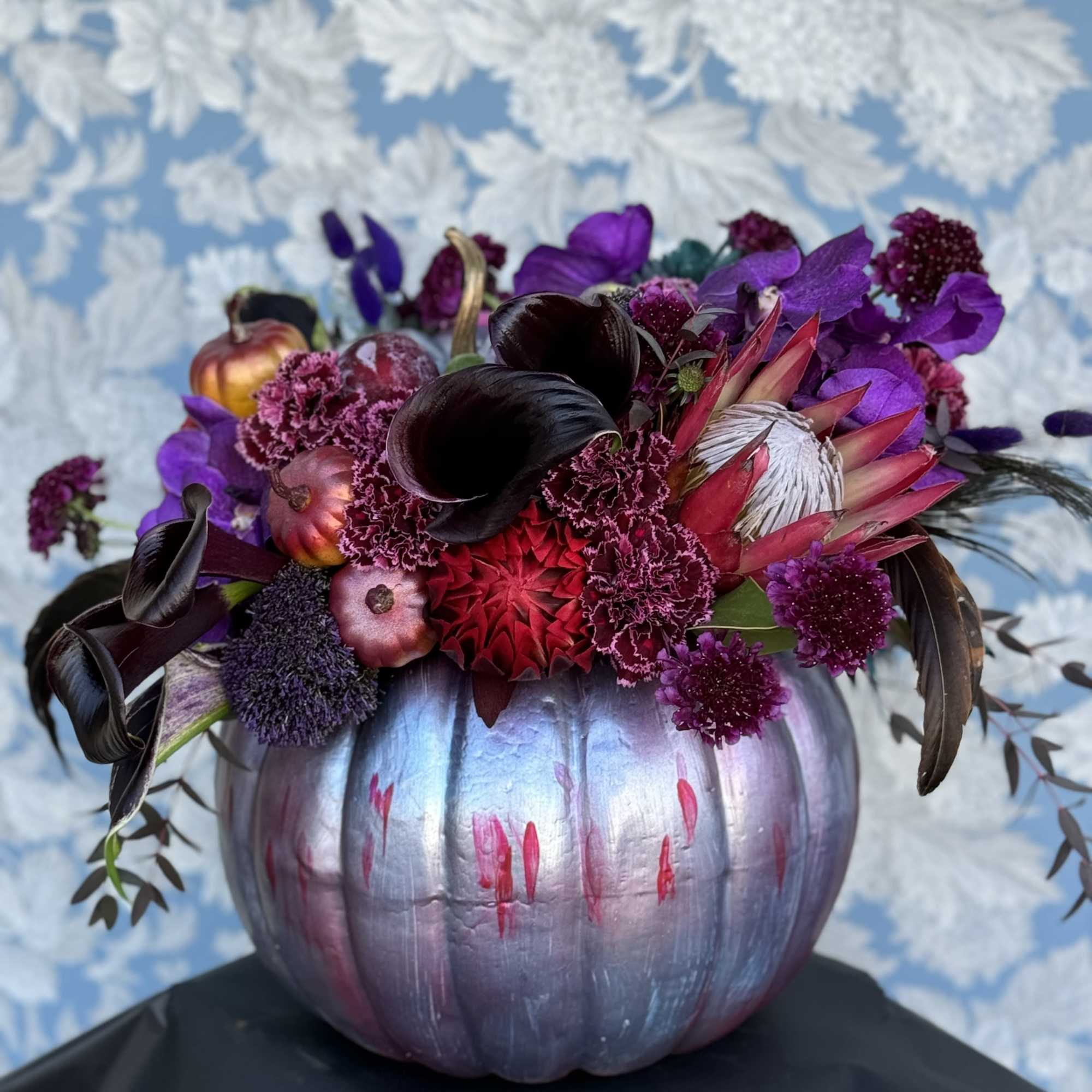 Custom Made Dark Pumpkin gorgeously designed with flowers inside and coming out