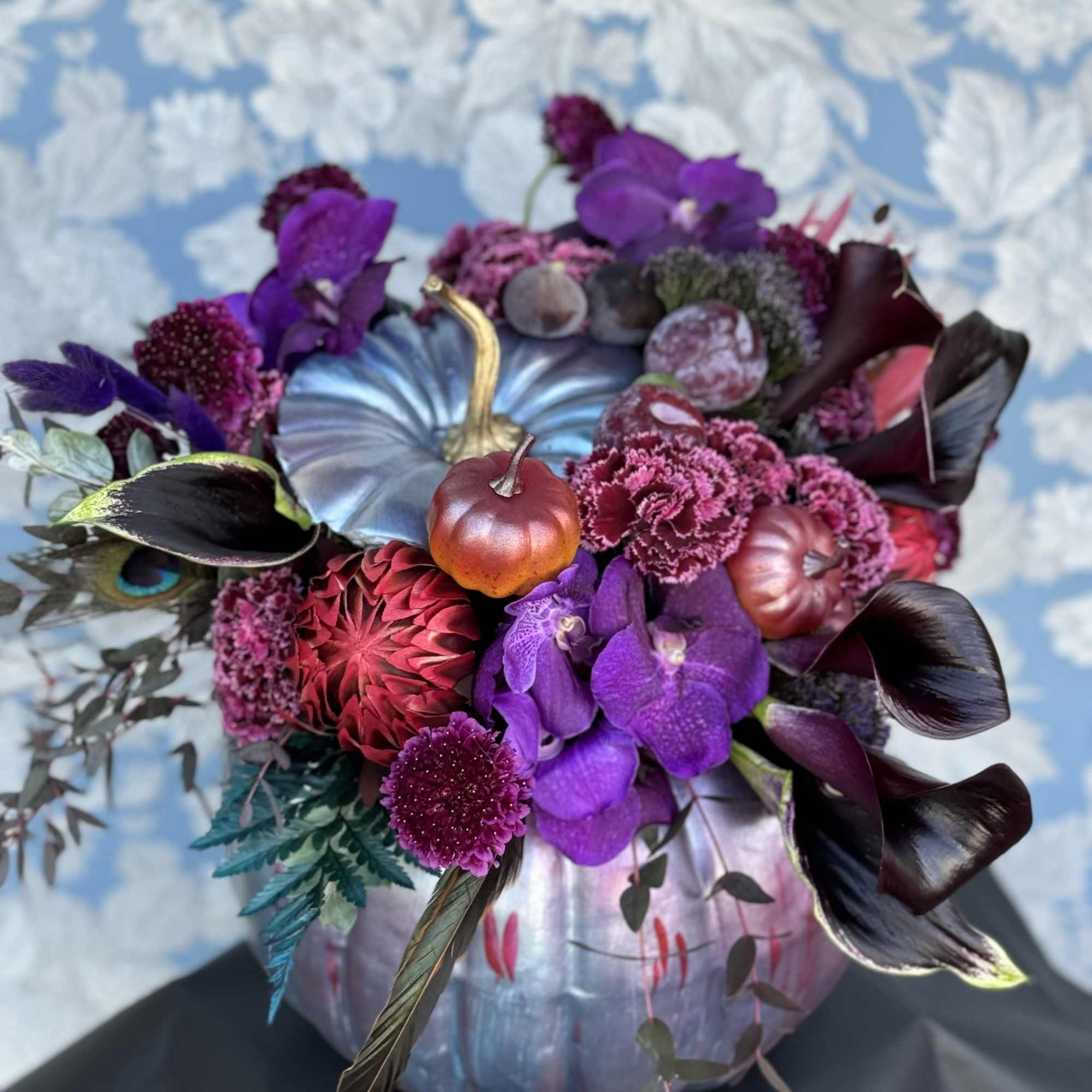Custom Made Dark Pumpkin gorgeously designed with flowers inside and coming out, photo 2 of 2