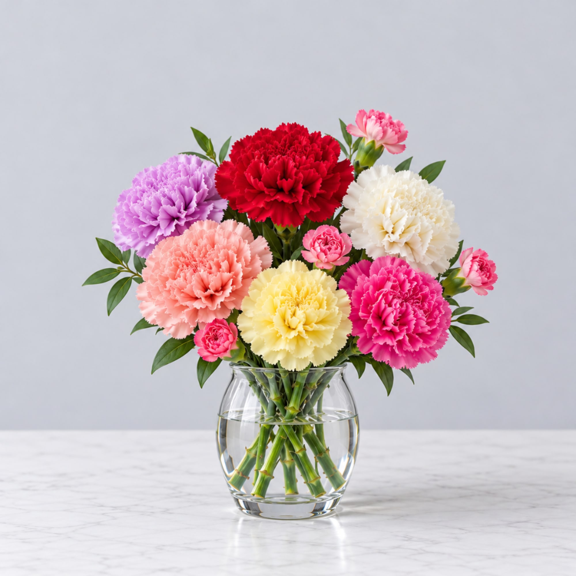 Colorful carnations in a clear glass vase