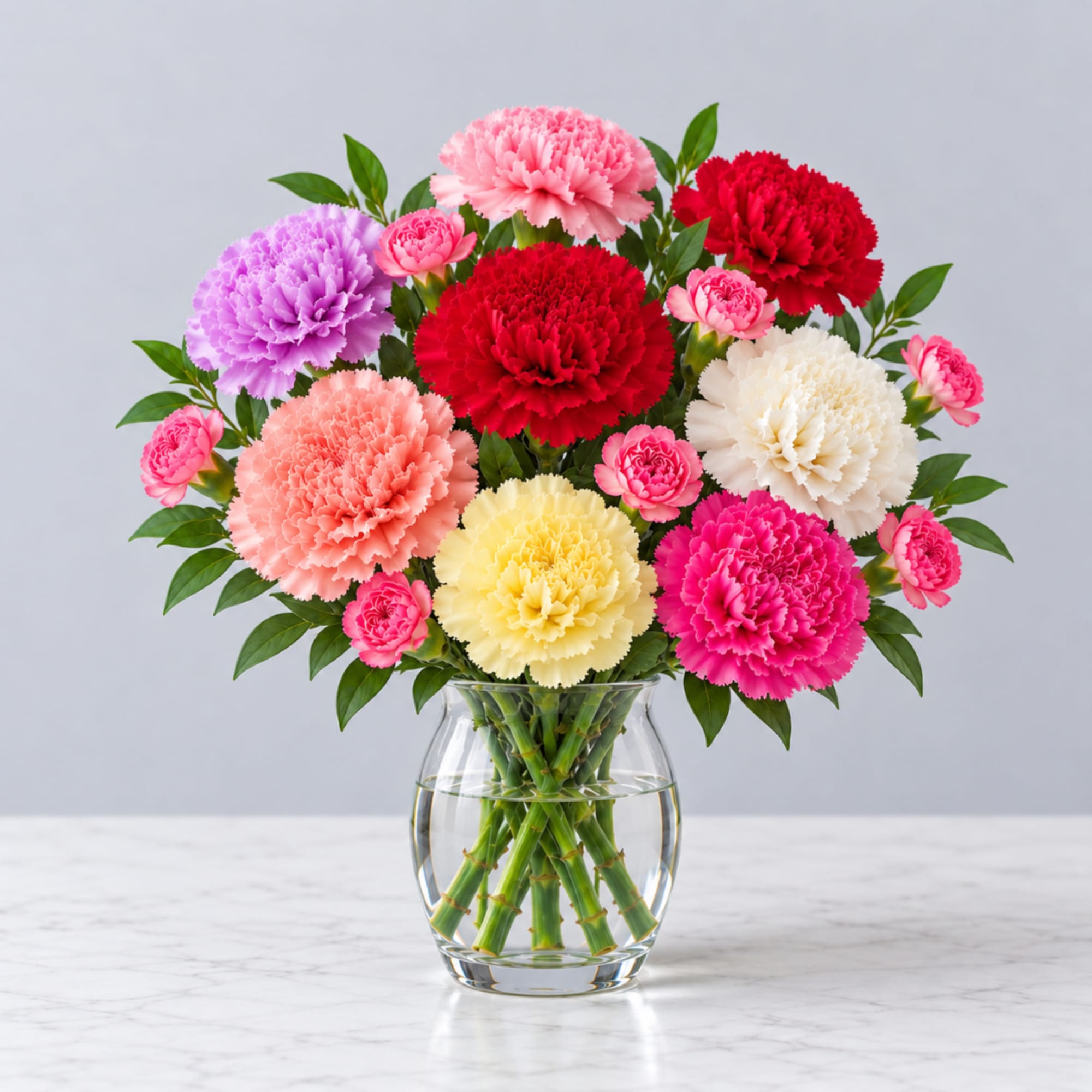 Colorful carnations arranged in a clear glass vase