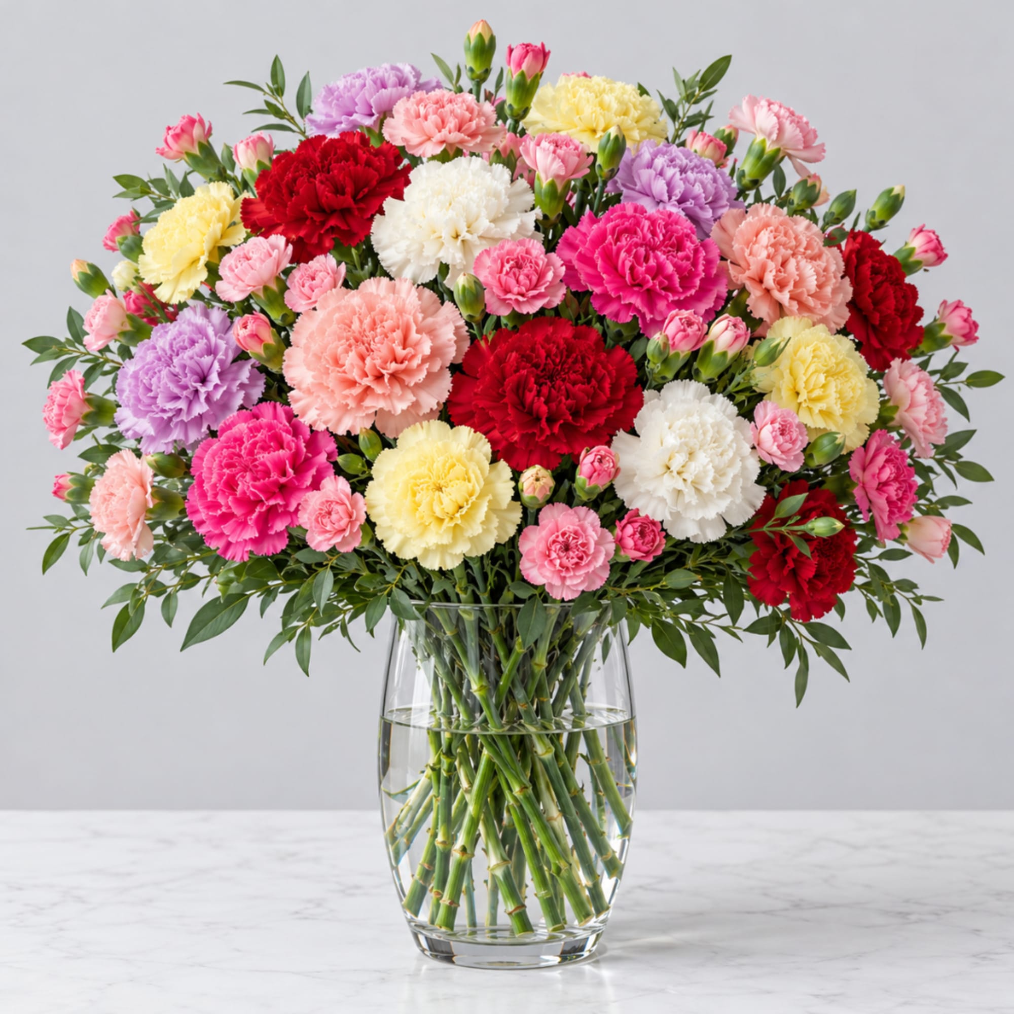 Colorful carnation bouquet in a clear glass vase