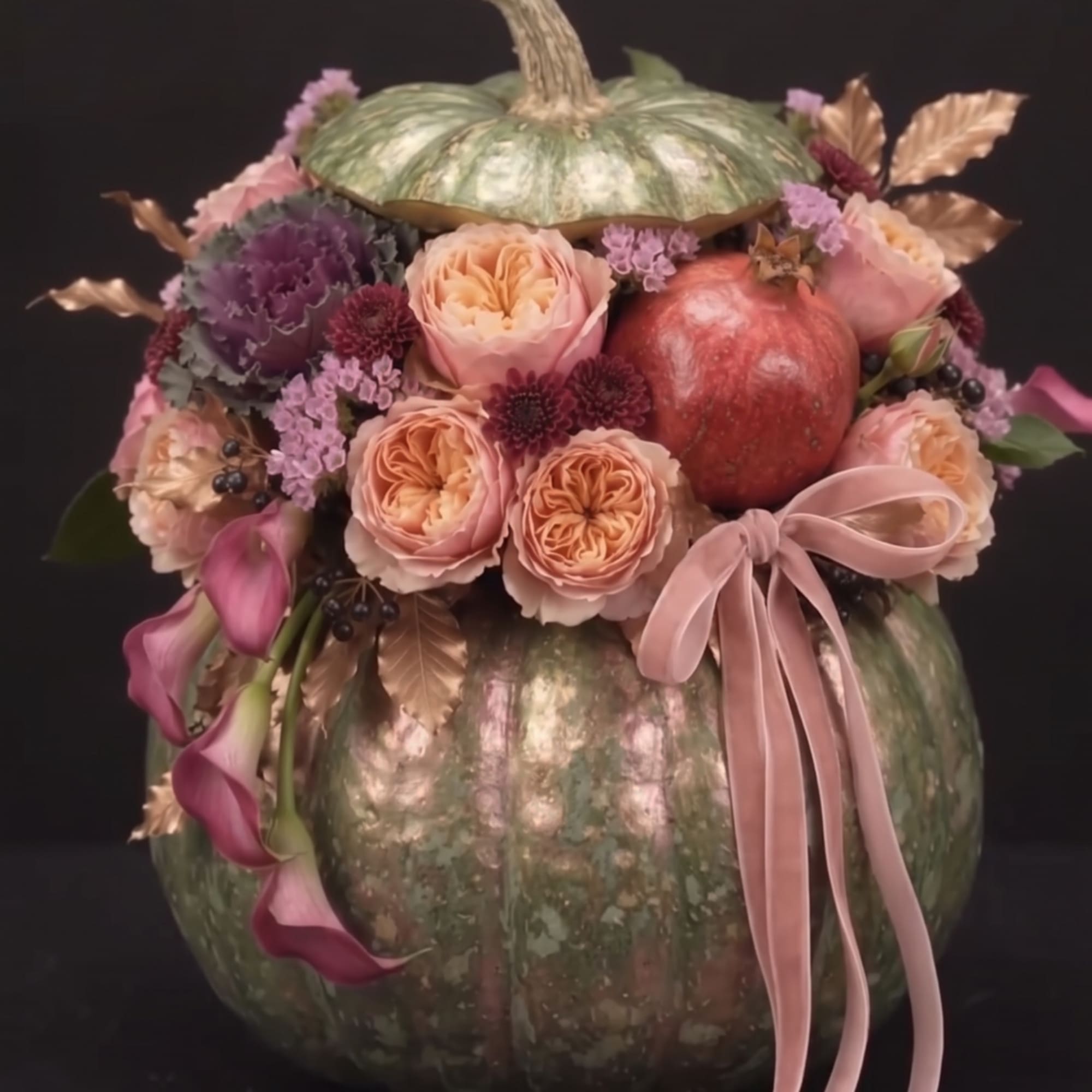 Decorated green pumpkin with peach and purple flowers and a pink ribbon