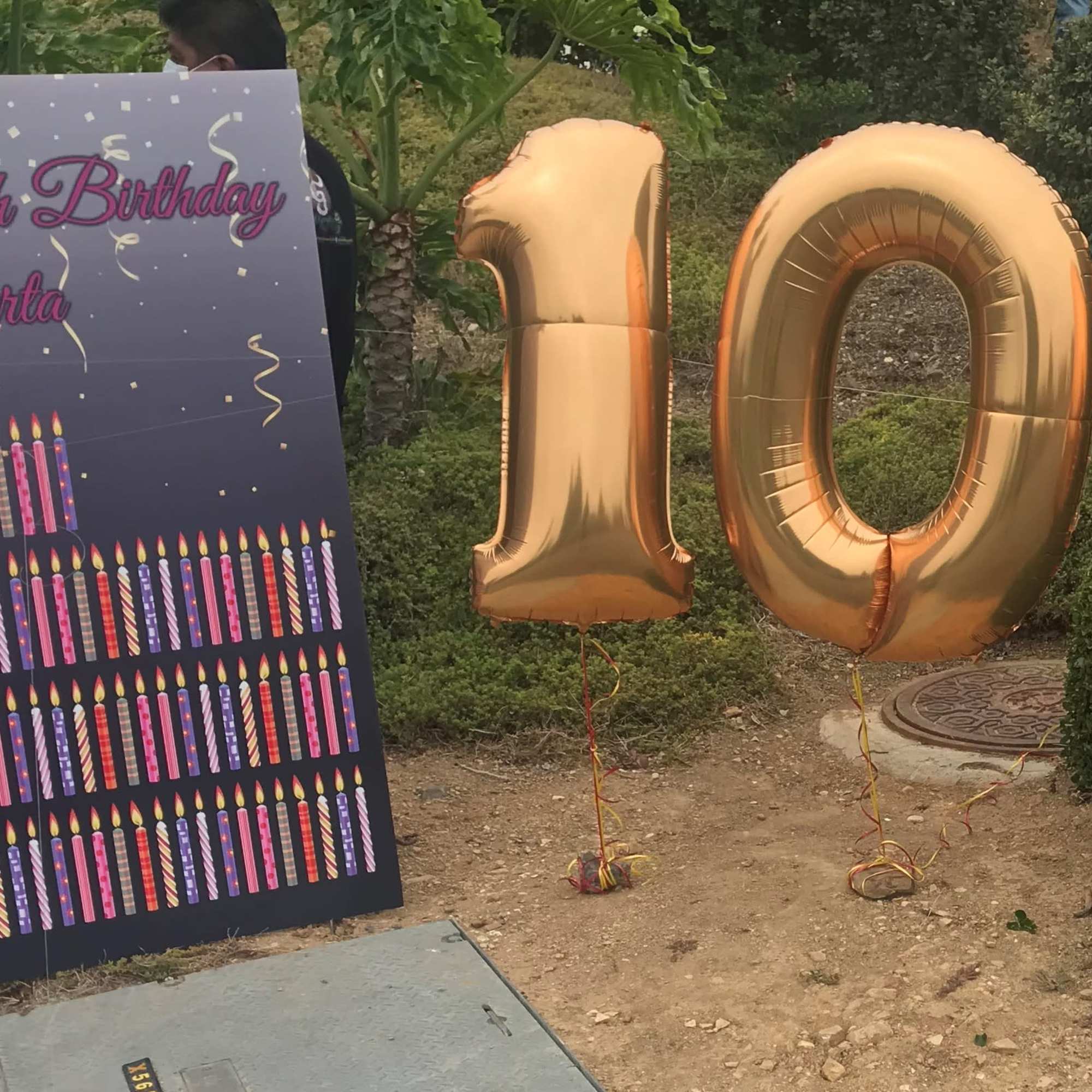 Birthday sign with gold 104 balloons and candle graphics