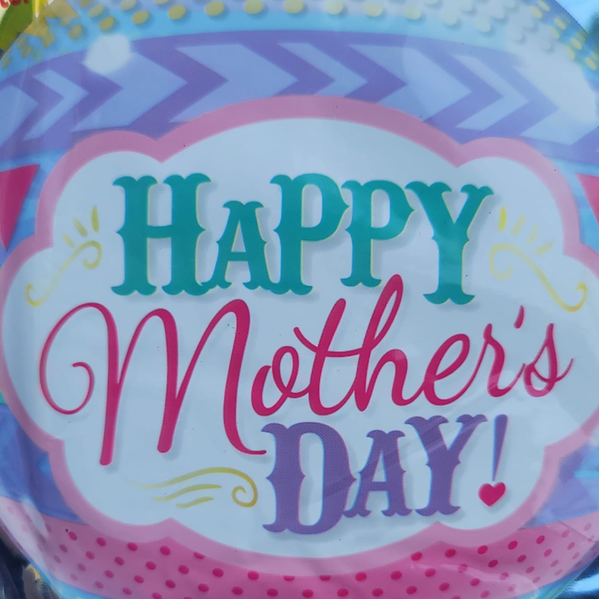 Round balloon with "Happy Mother's Day" text in pink, teal, and purple