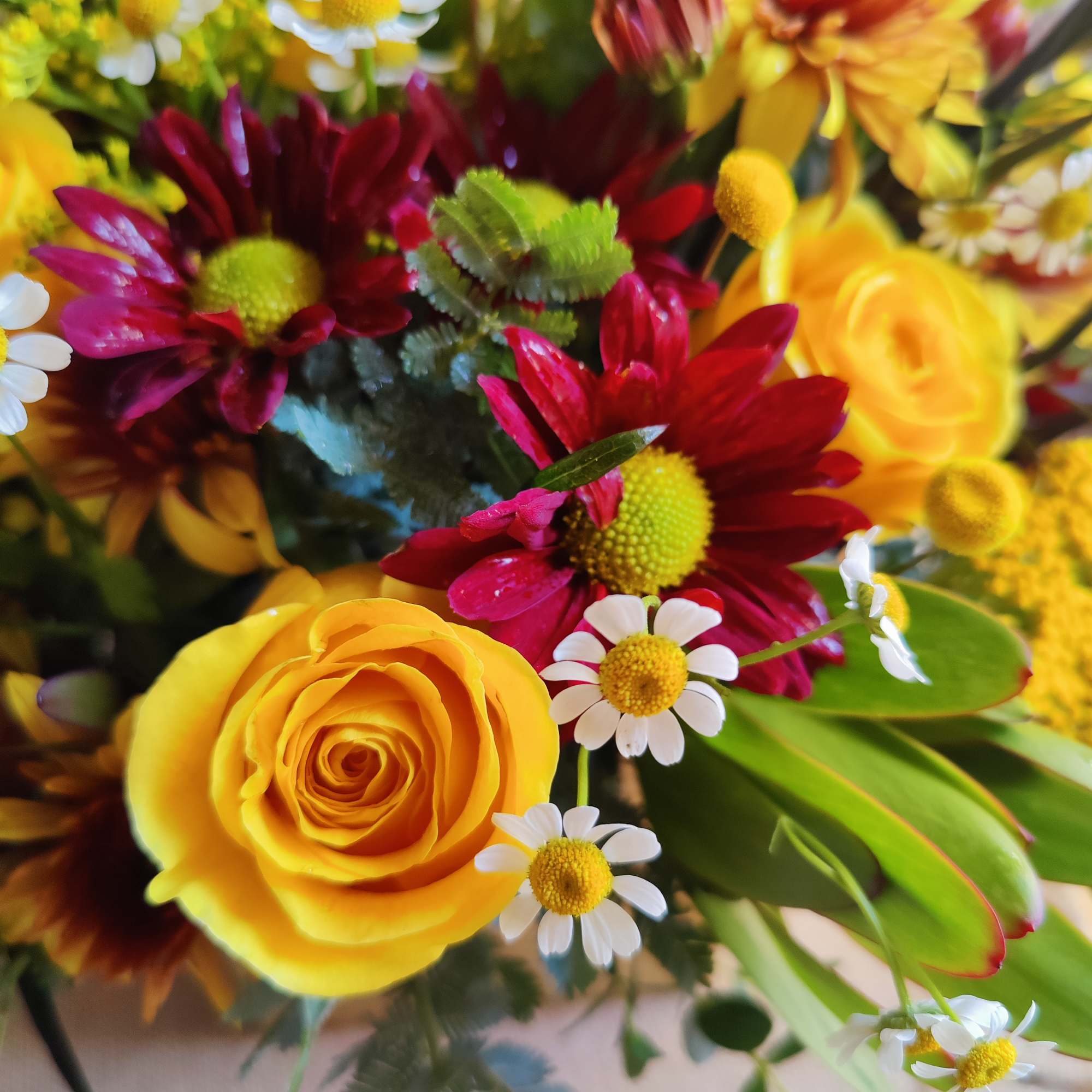 Bouquet of yellow roses, red daisies, and small white daisies