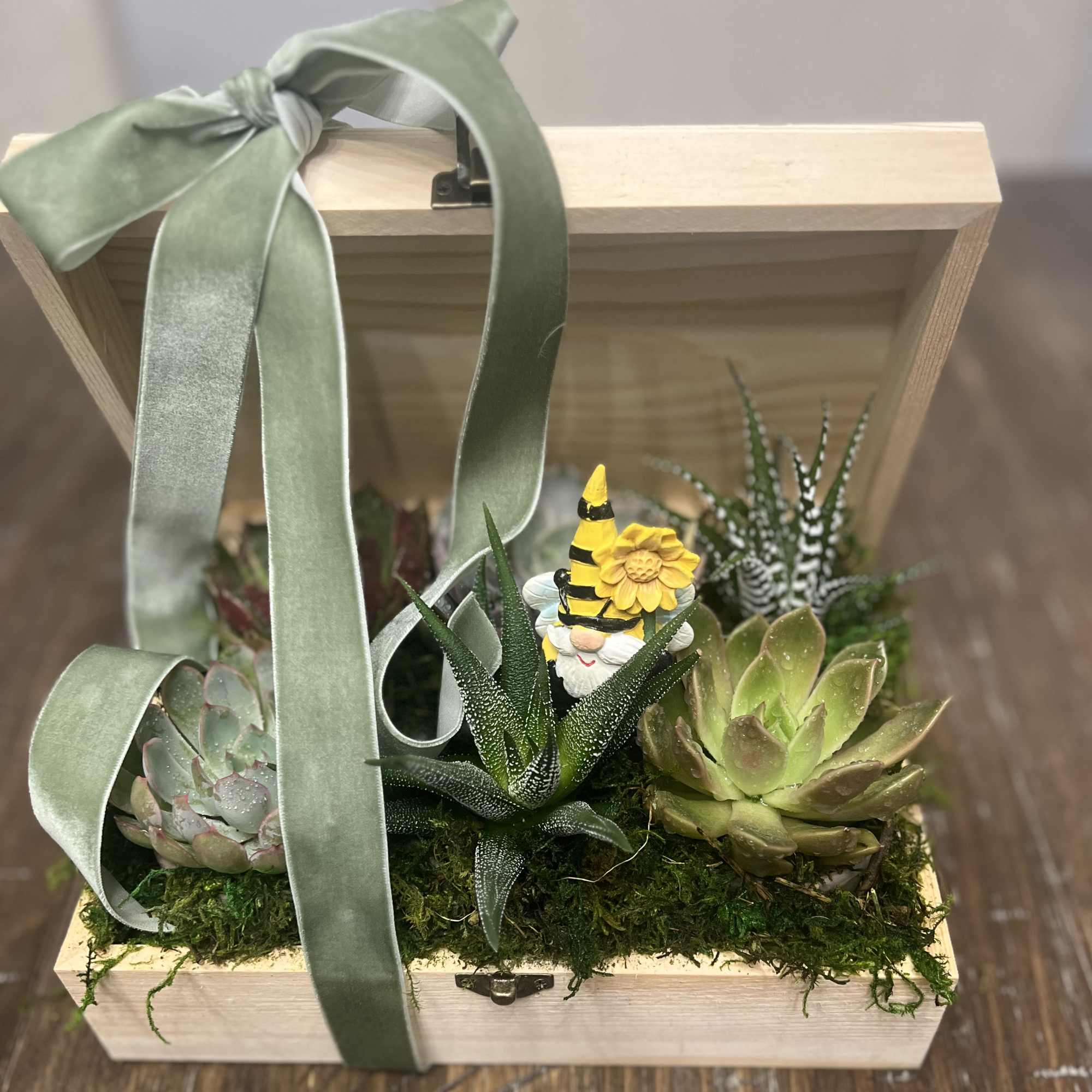 Succulent arrangement in a wooden box with a ribbon and small gnome figurine
