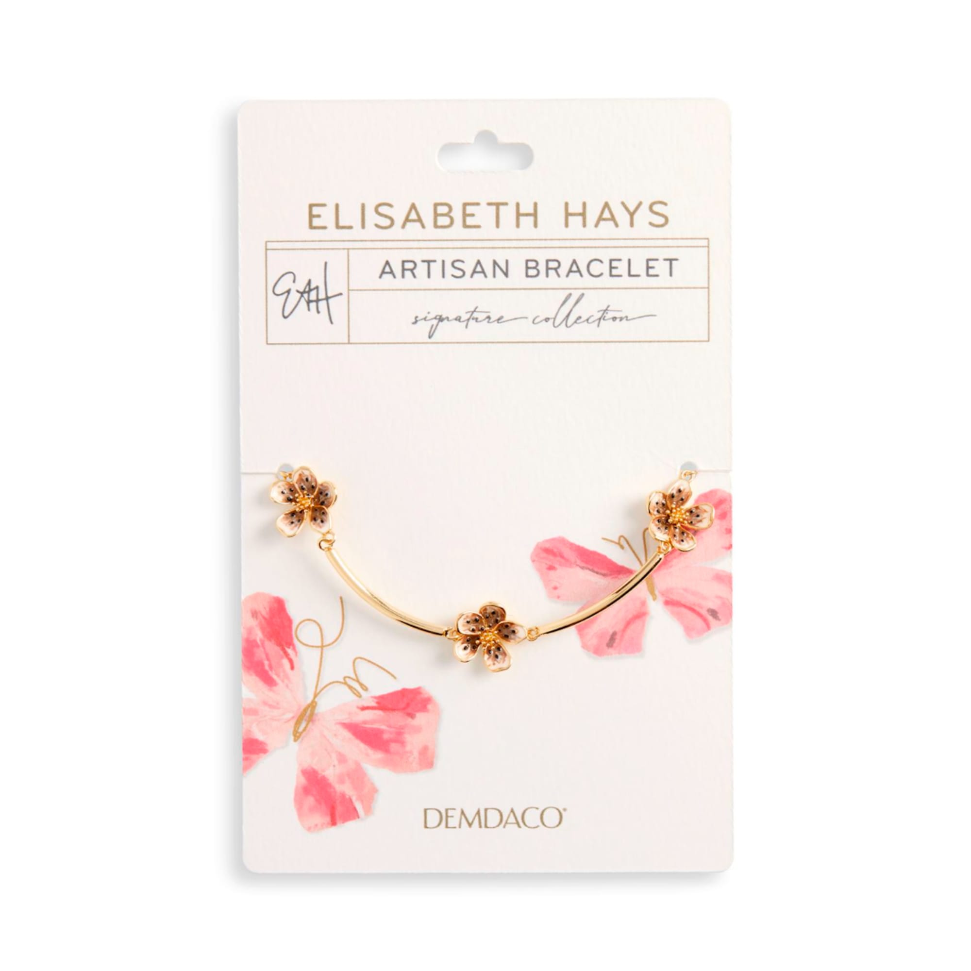 Packaged gold-tone floral bracelet on a white card