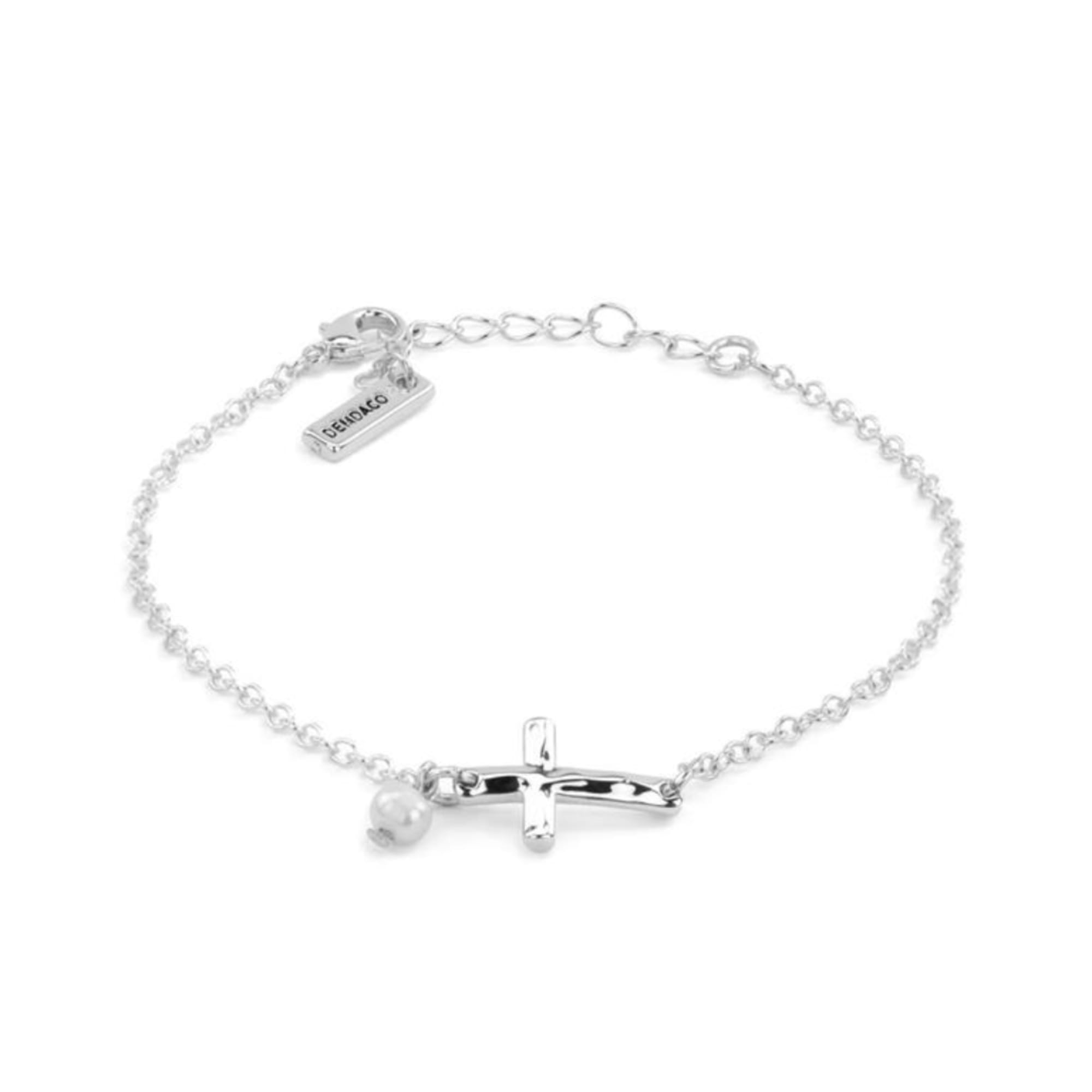Silver bracelet with a cross charm and small pearl accent