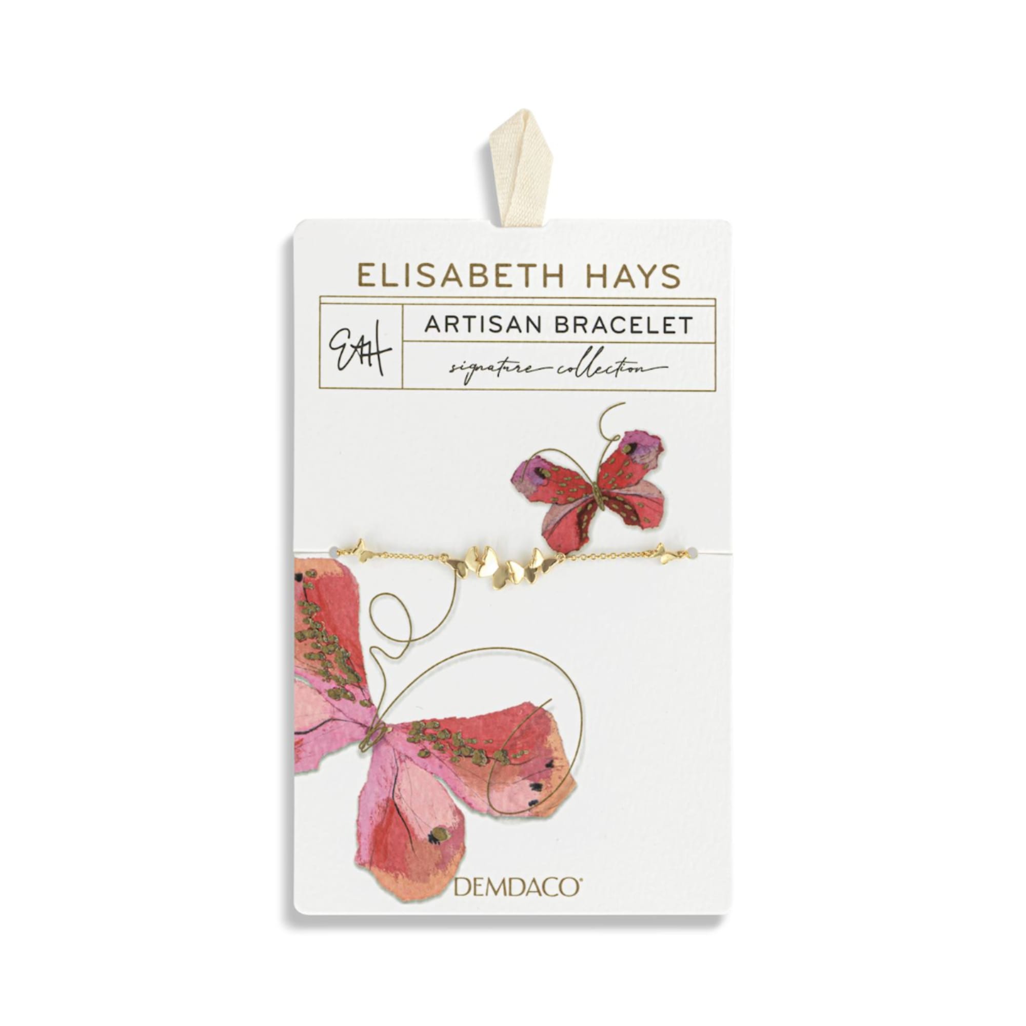 Artisan bracelet on a white display card with pink butterfly artwork