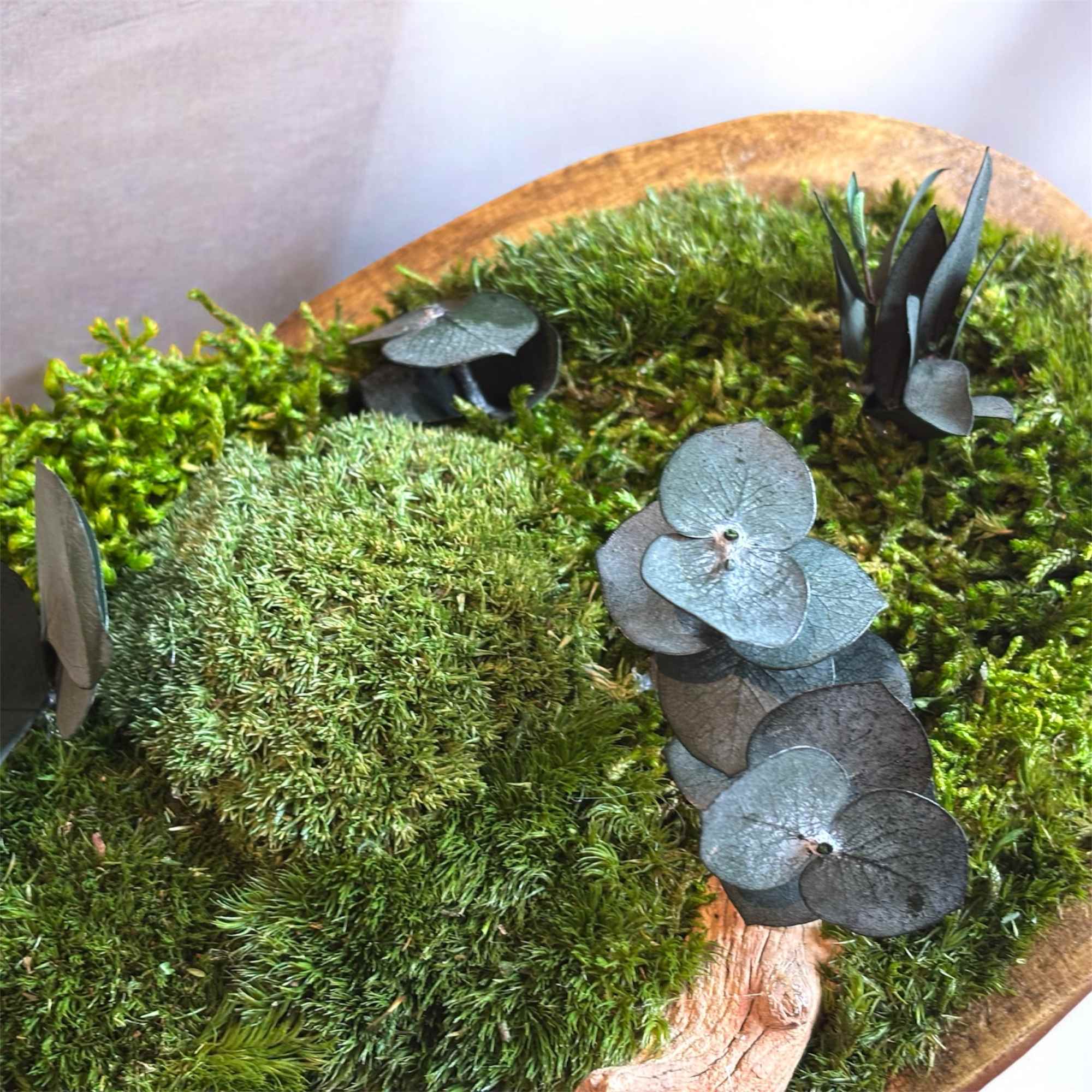 Moss arrangement with dark blue-gray dried flowers in a shallow wooden dish