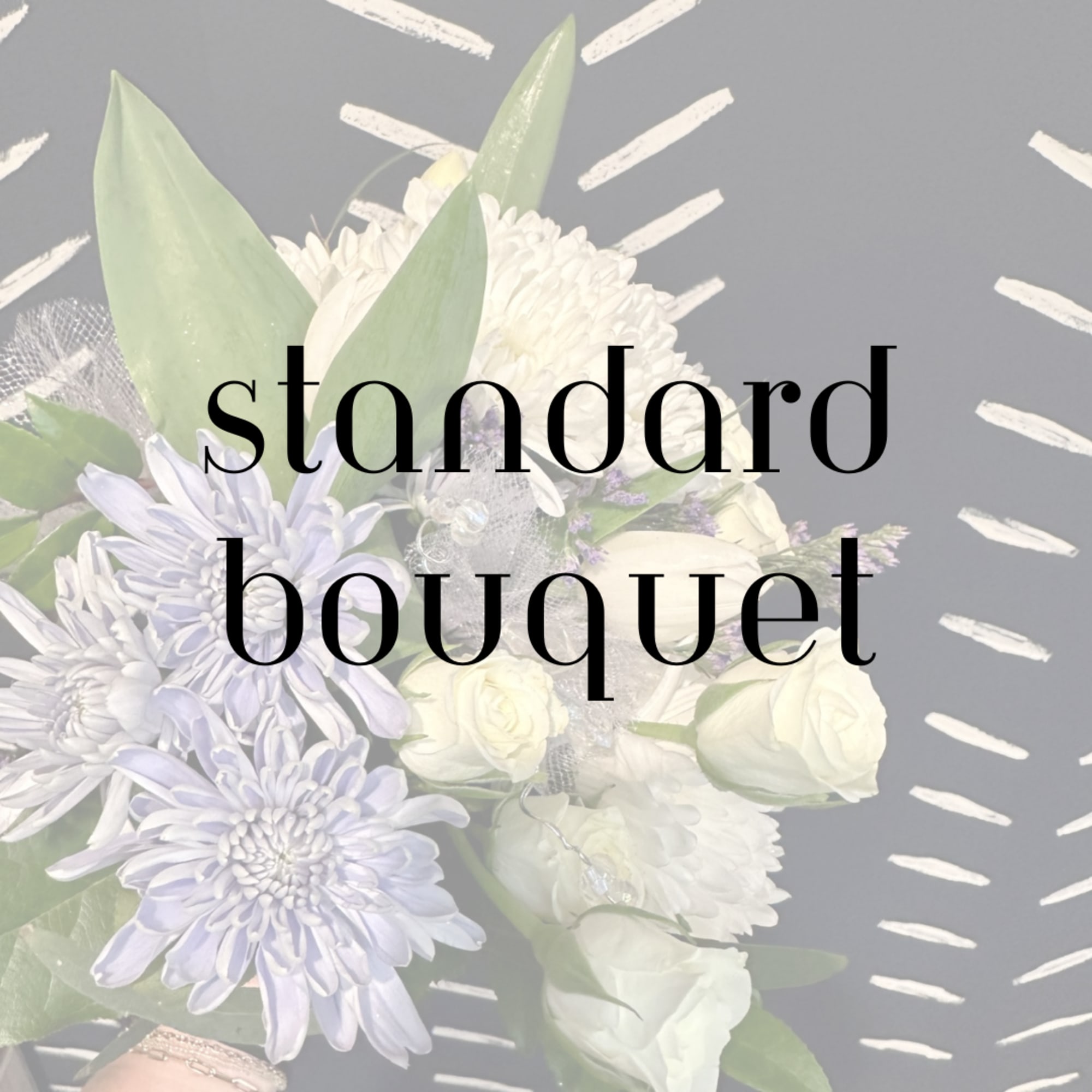 White and pale lavender bouquet with large blooms and broad leaves