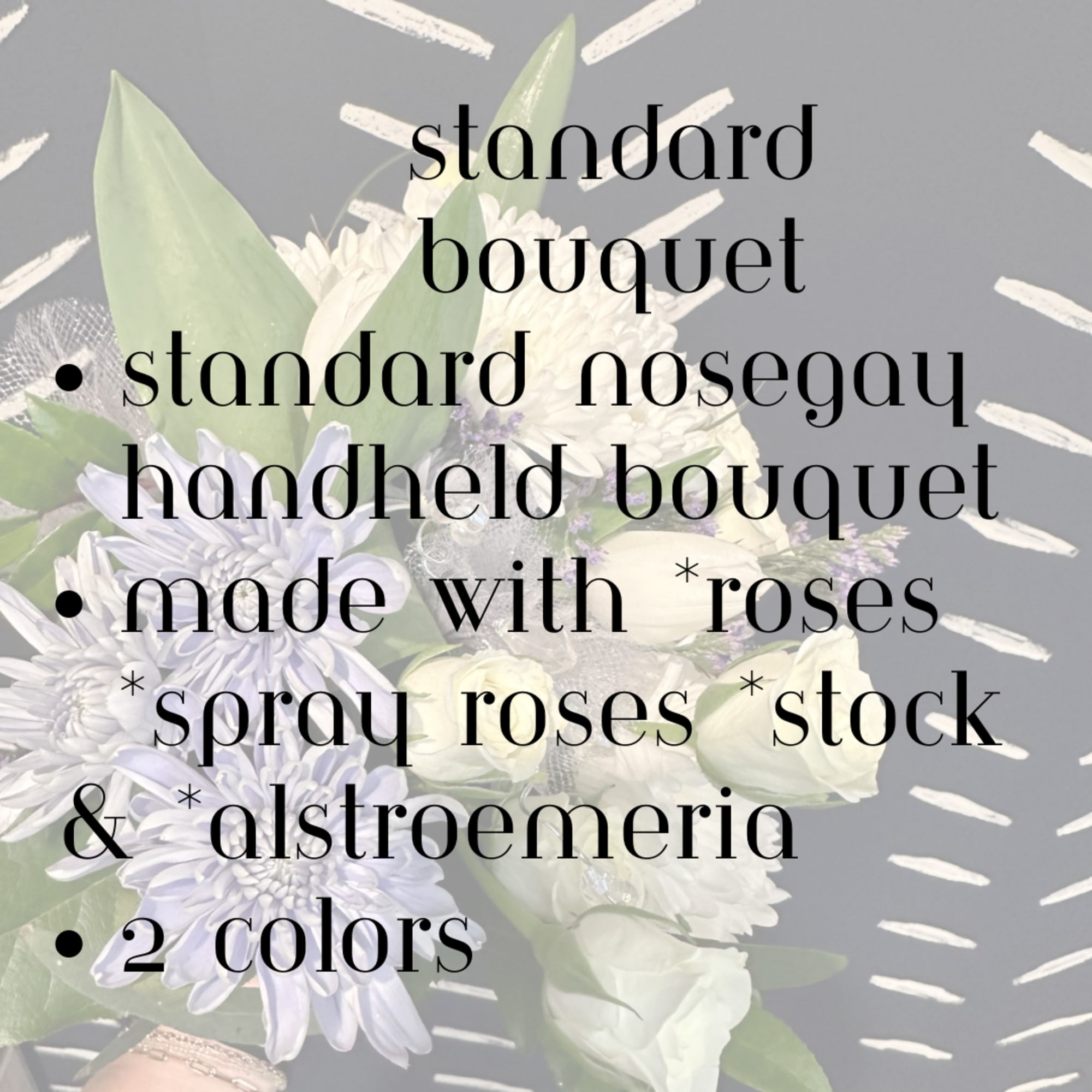 Handheld bouquet with white and lavender flowers on a gray background