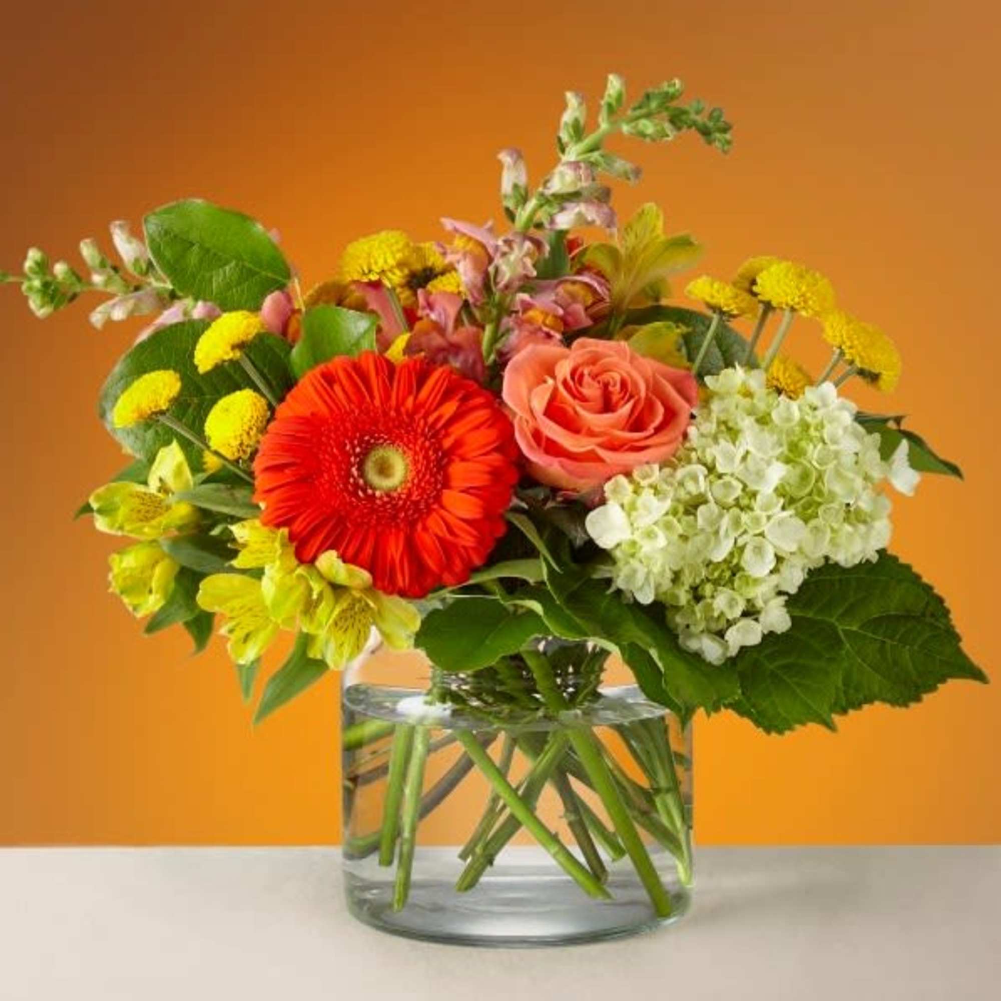 Mixed bouquet in a clear glass vase with a red gerbera, pink rose, and white hydrangea