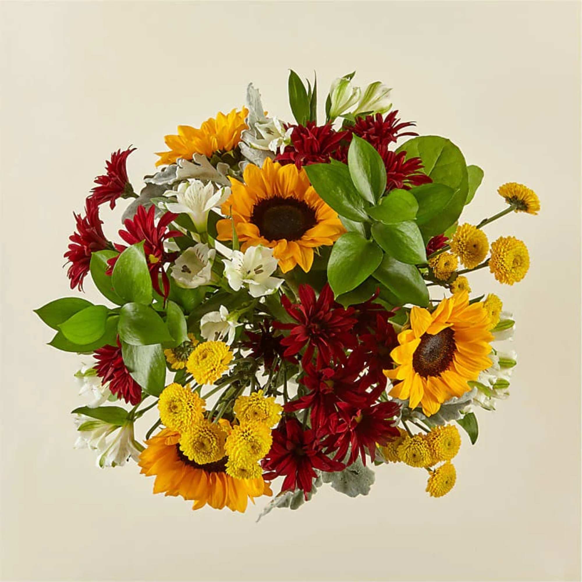 Bouquet of sunflowers, red daisies, and yellow button mums