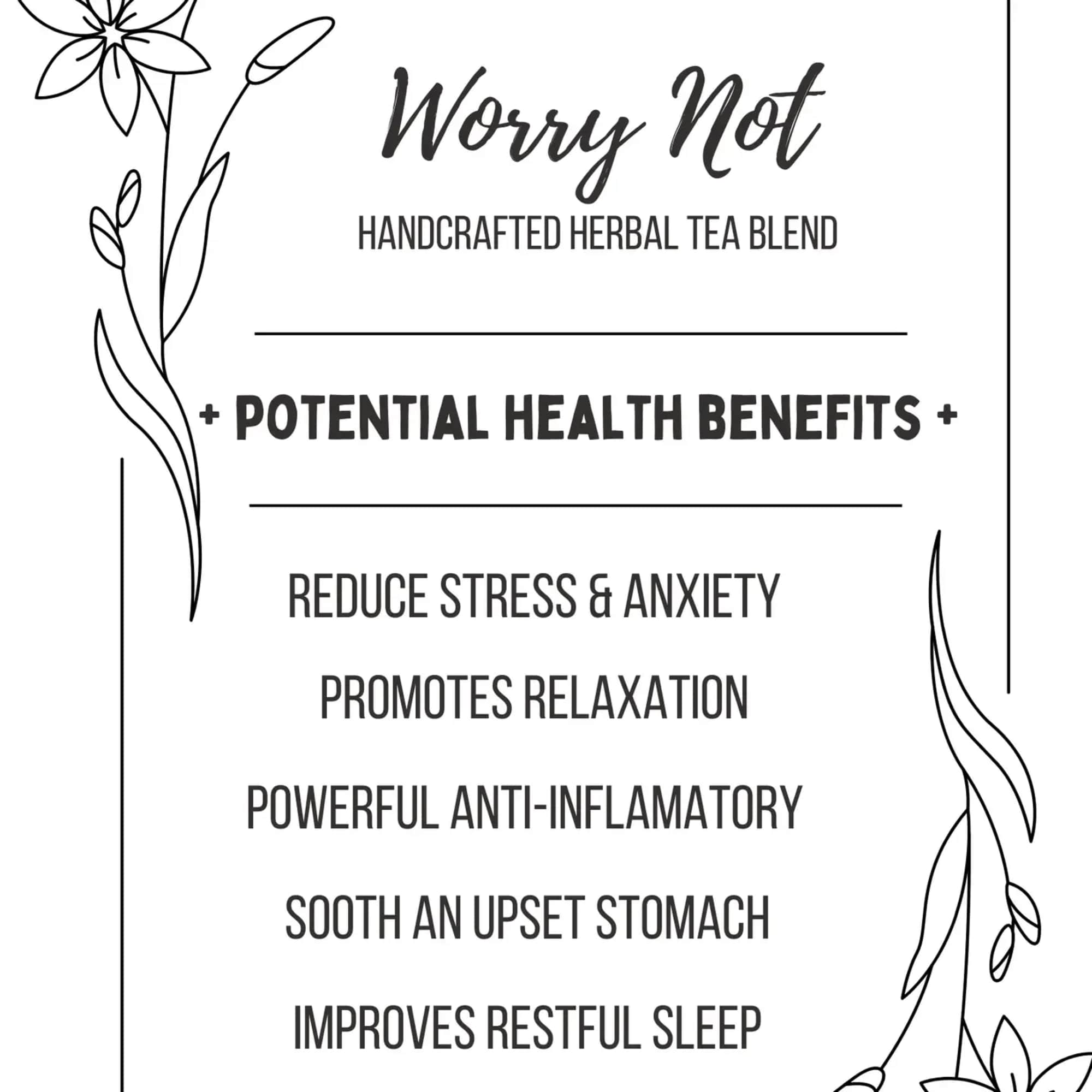 Herbal tea blend label with floral line art and health benefit text