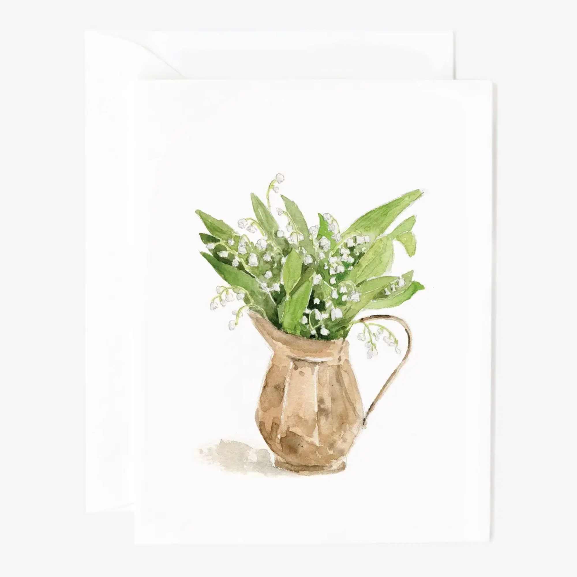 Watercolor card with lily of the valley in a brown pitcher