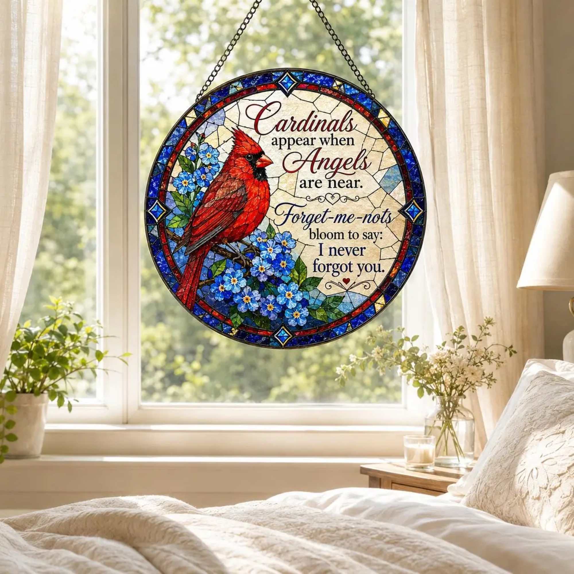 Round stained-glass panel with a red cardinal and blue flowers