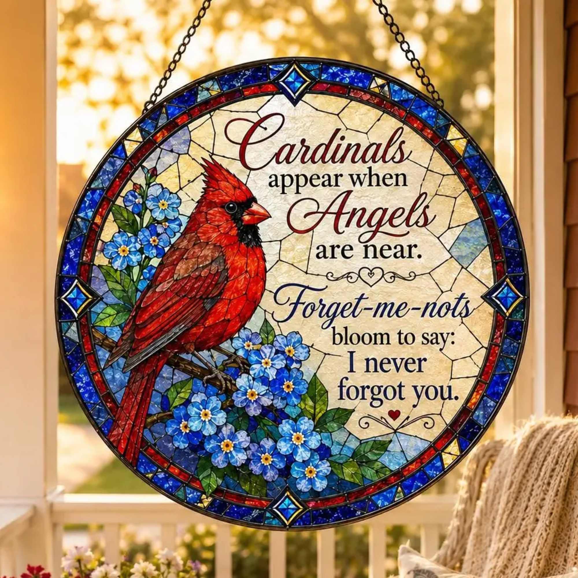Round stained-glass cardinal plaque with blue flowers and memorial text