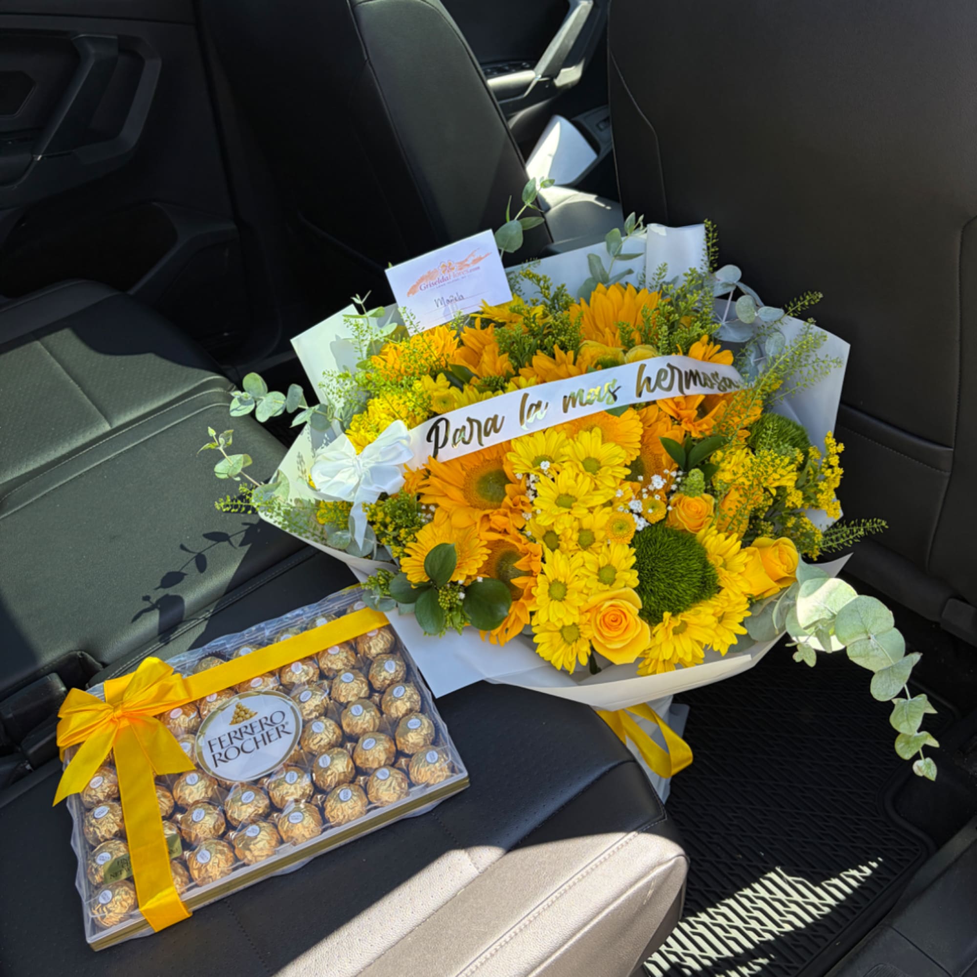 Yellow flower bouquet with a Ferrero Rocher chocolate box