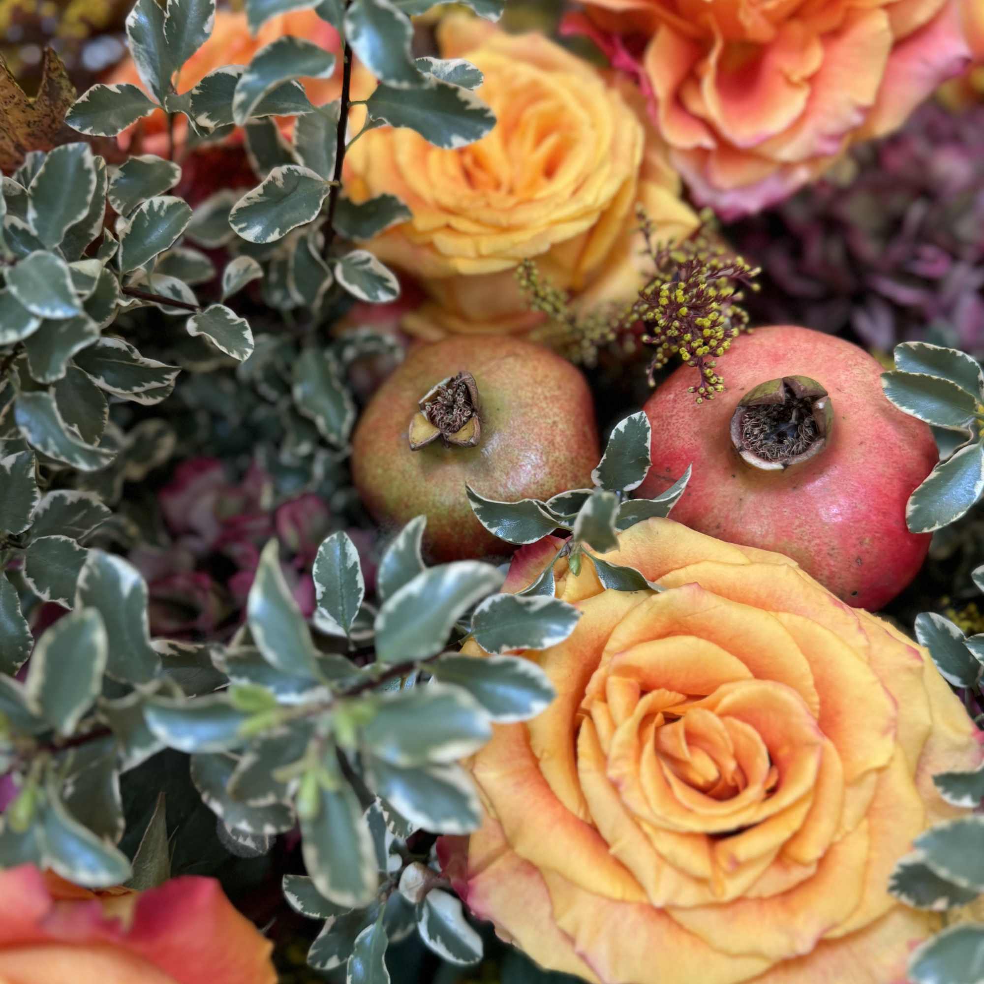 Orange roses with pomegranates and variegated foliage